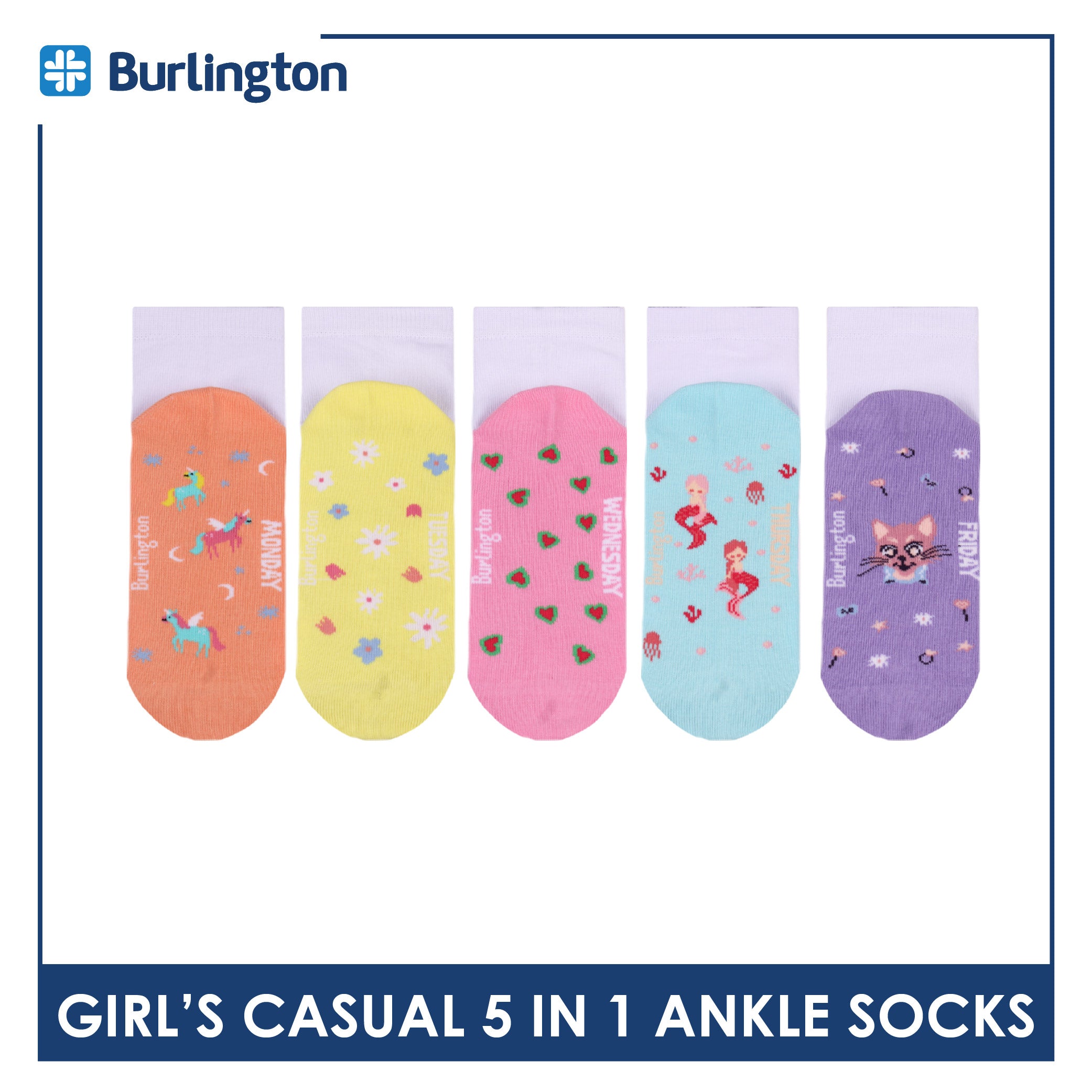 Burlington Girls’ Cotton Thin Casual Ankle Socks 5 pairs in 1 pack BGCKG2F