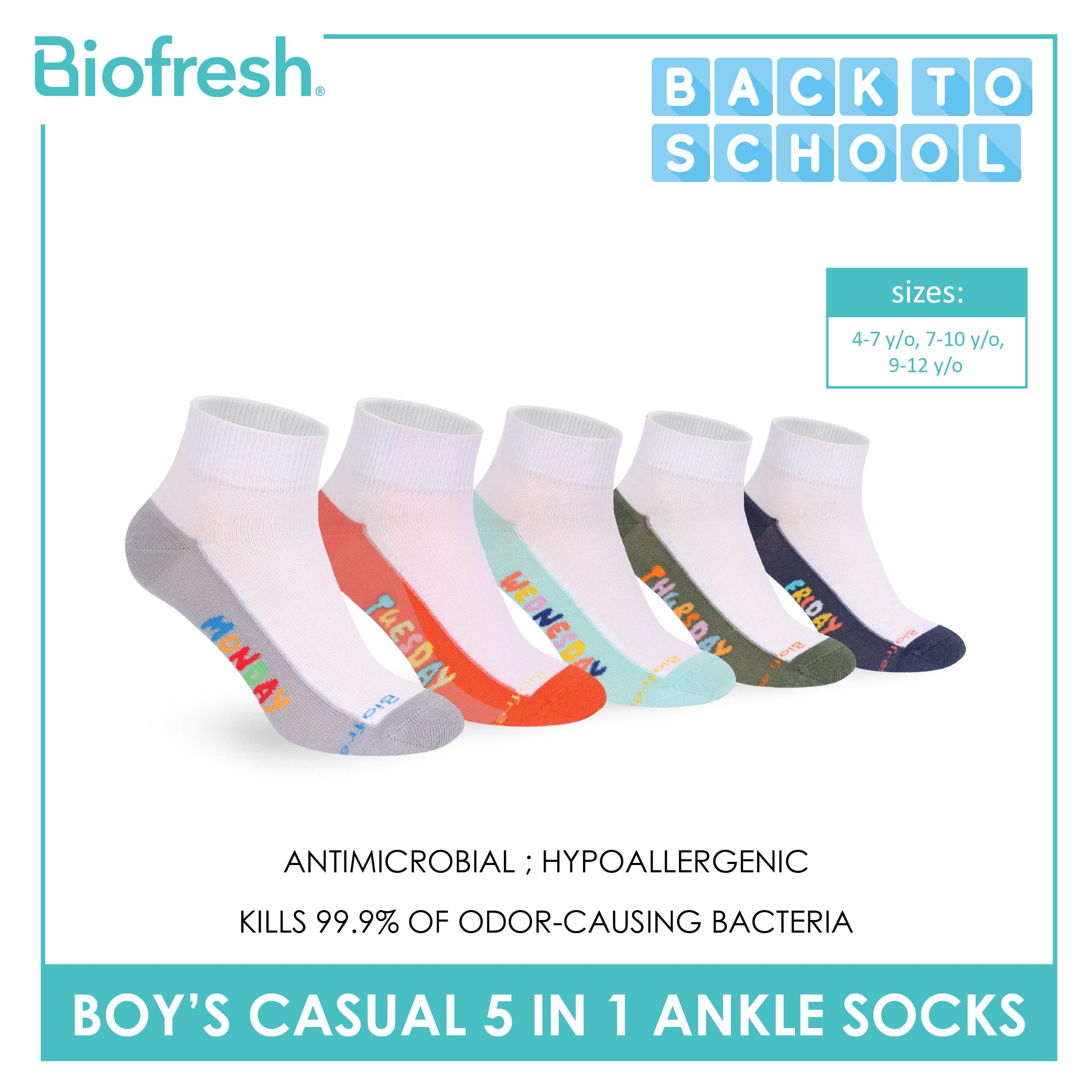Biofresh Boys’ Antimicrobial Cotton Thin Casual Ankle Socks 5 pairs in 1 pack RBCKG2F