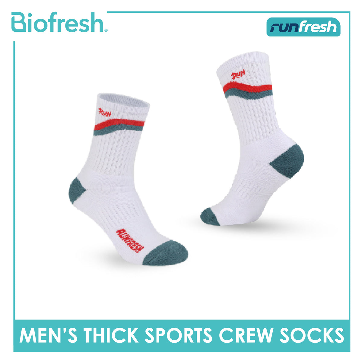 Biofresh Runfresh Men's Antimicrobial Cotton Embroidered Thick Sports Crew Socks 1 pair RRMSE632