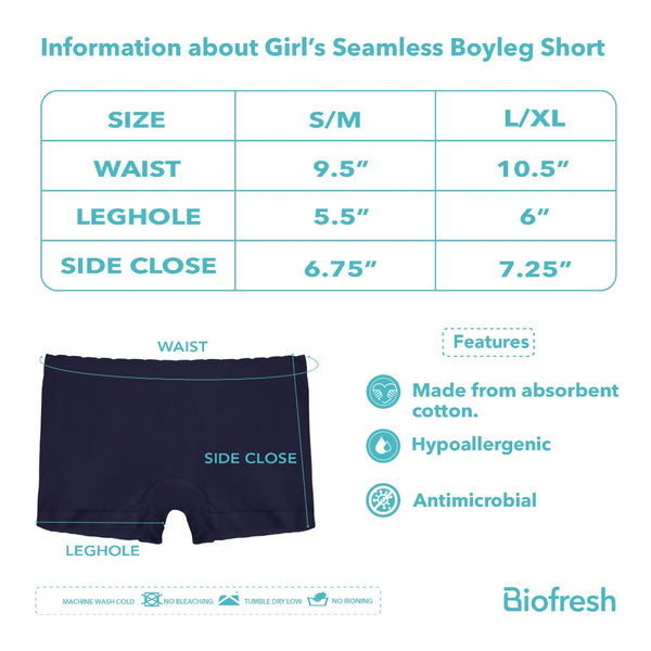 Biofresh Girls’ Antimicrobial Seamless Panty Boyleg Shorts 3 pieces in a pack UGPBG4