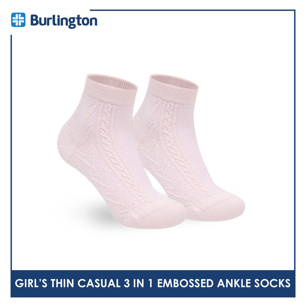 Burlington Girls’ Embossed Cotton Thin Casual Ankle Socks 3 pairs in 1 pack BGCMG611