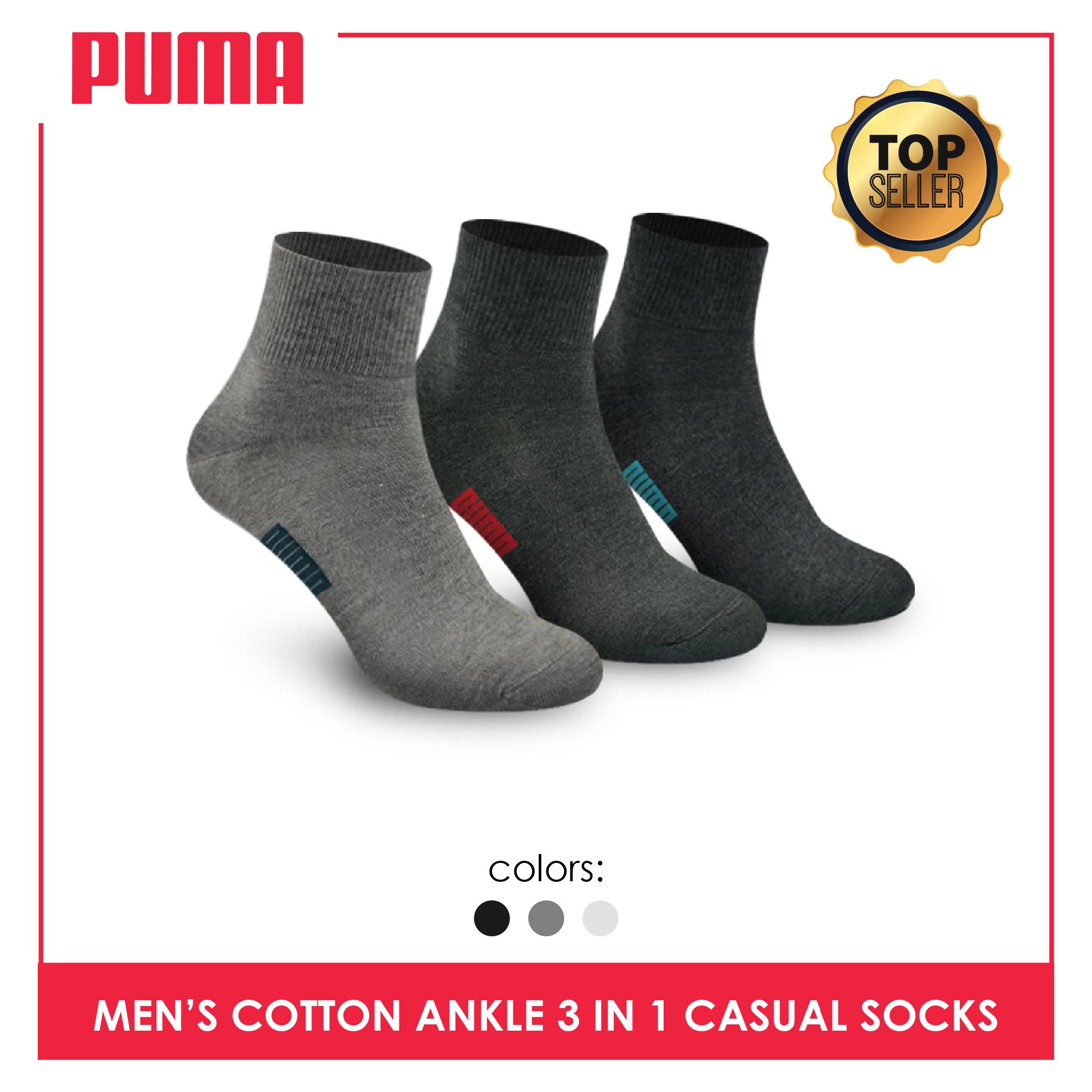 Puma Men's Cotton Lite Thin Casual Ankle Socks 3 pairs in a pack PMCKG2