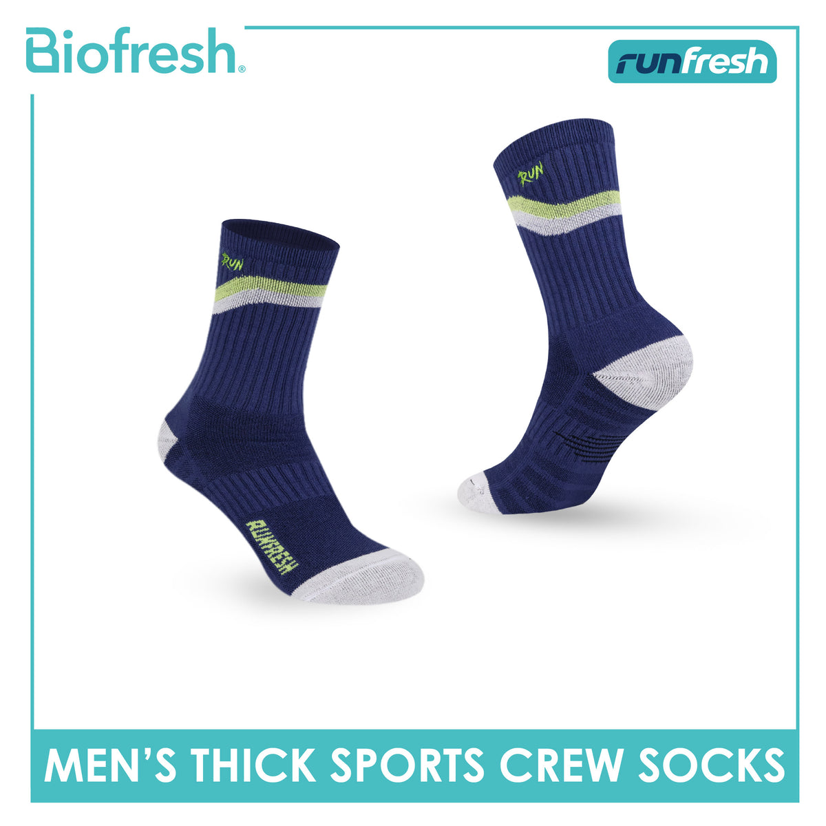 Biofresh Runfresh Men's Antimicrobial Cotton Embroidered Thick Sports Crew Socks 1 pair RRMSE632