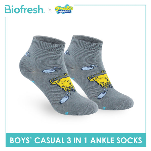 Biofresh | SpongeBob Boys' Antimicrobial Cotton Thin Casual Ankle Socks 3 pairs in 1 pack SBRBCG532