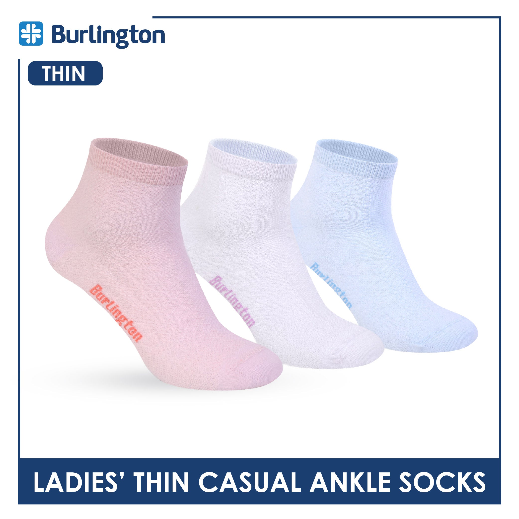 Burlington Ladies' Cotton Thin Casual Ankle Socks 3 pair in a pack BLCMG611