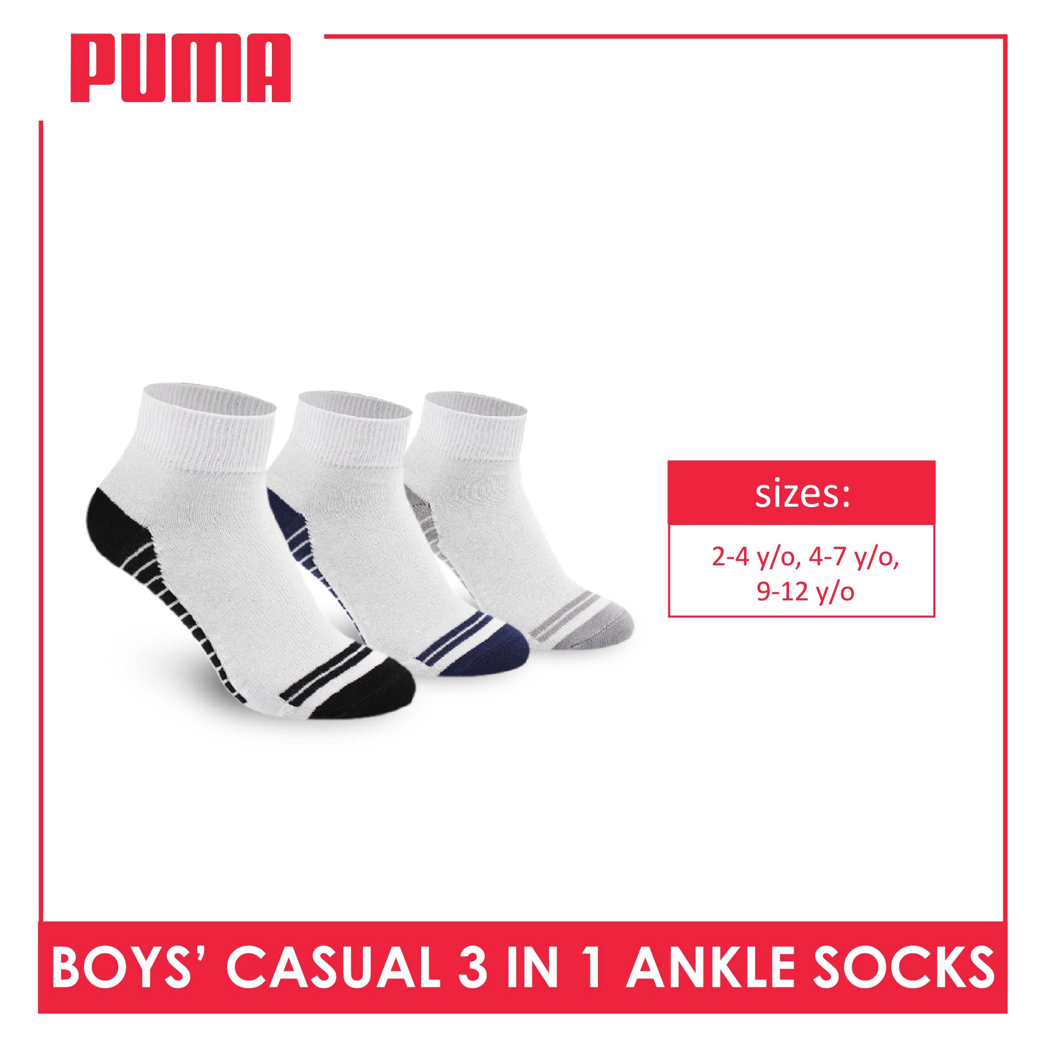 Puma Boys’ Cotton Lite Thin Casual Ankle Socks 3 pairs in a pack PBCKG20