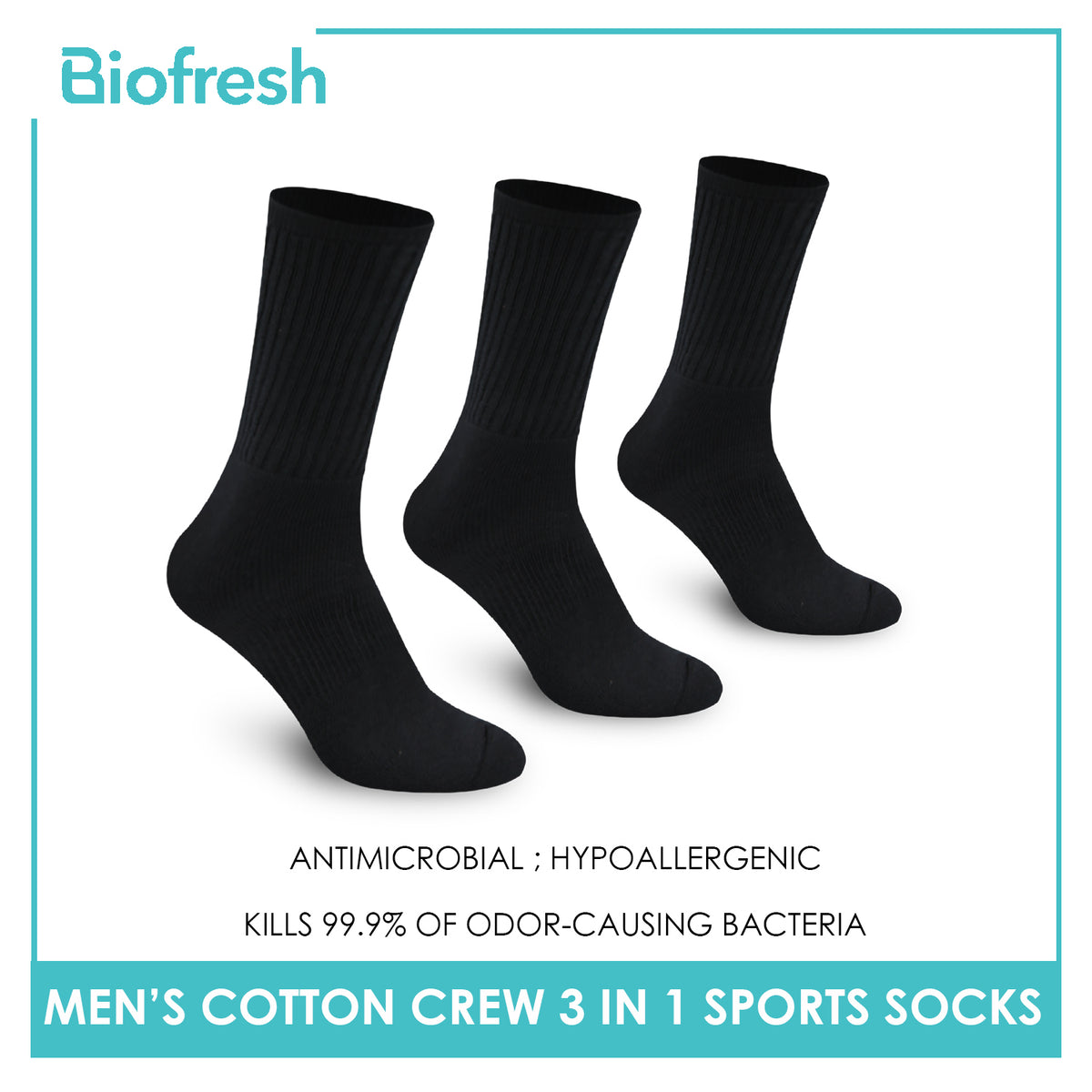 Biofresh Men’s Antimicrobial Odor Free Cotton Crew Thick Sports Socks 3 pairs in a pack RMSKG23