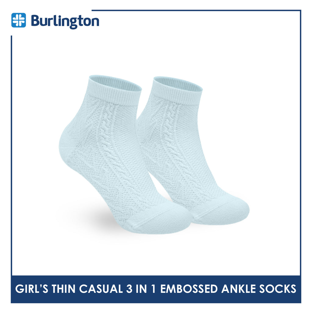 Burlington Girls’ Embossed Cotton Thin Casual Ankle Socks 3 pairs in 1 pack BGCMG611