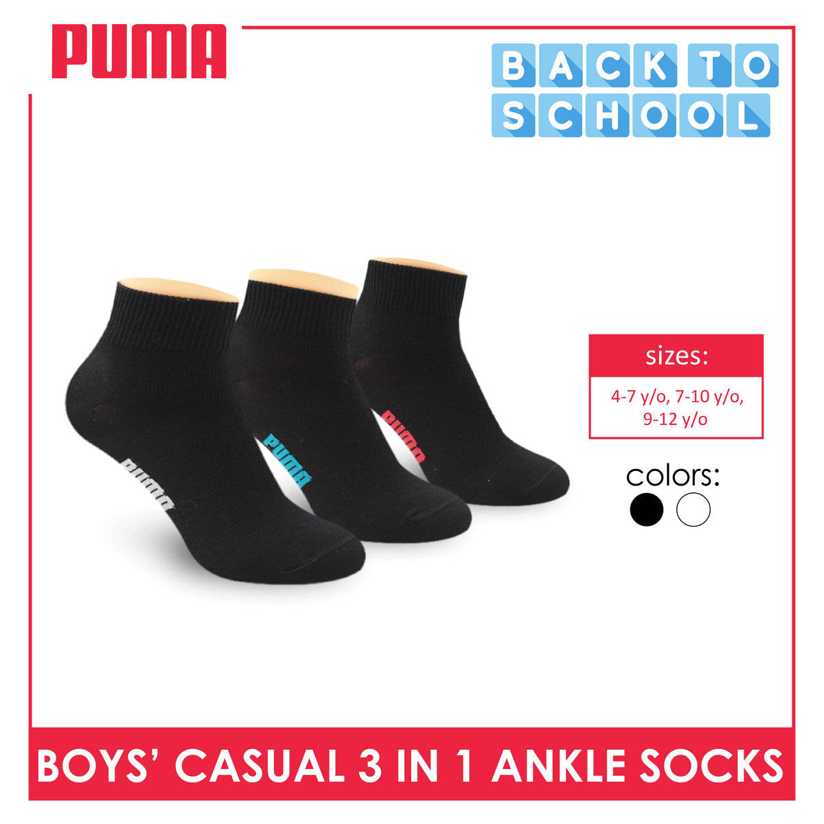 Puma Boys’ Cotton Thin Casual Ankle Socks 3 pairs in a pack PBCKG24
