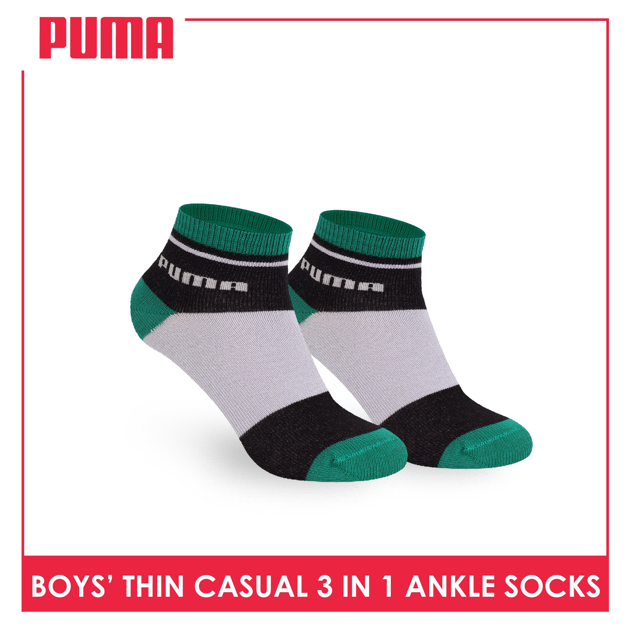 Puma Boys’ Cotton Thin Casual Ankle Socks 3 pairs in 1 pack PBCG611