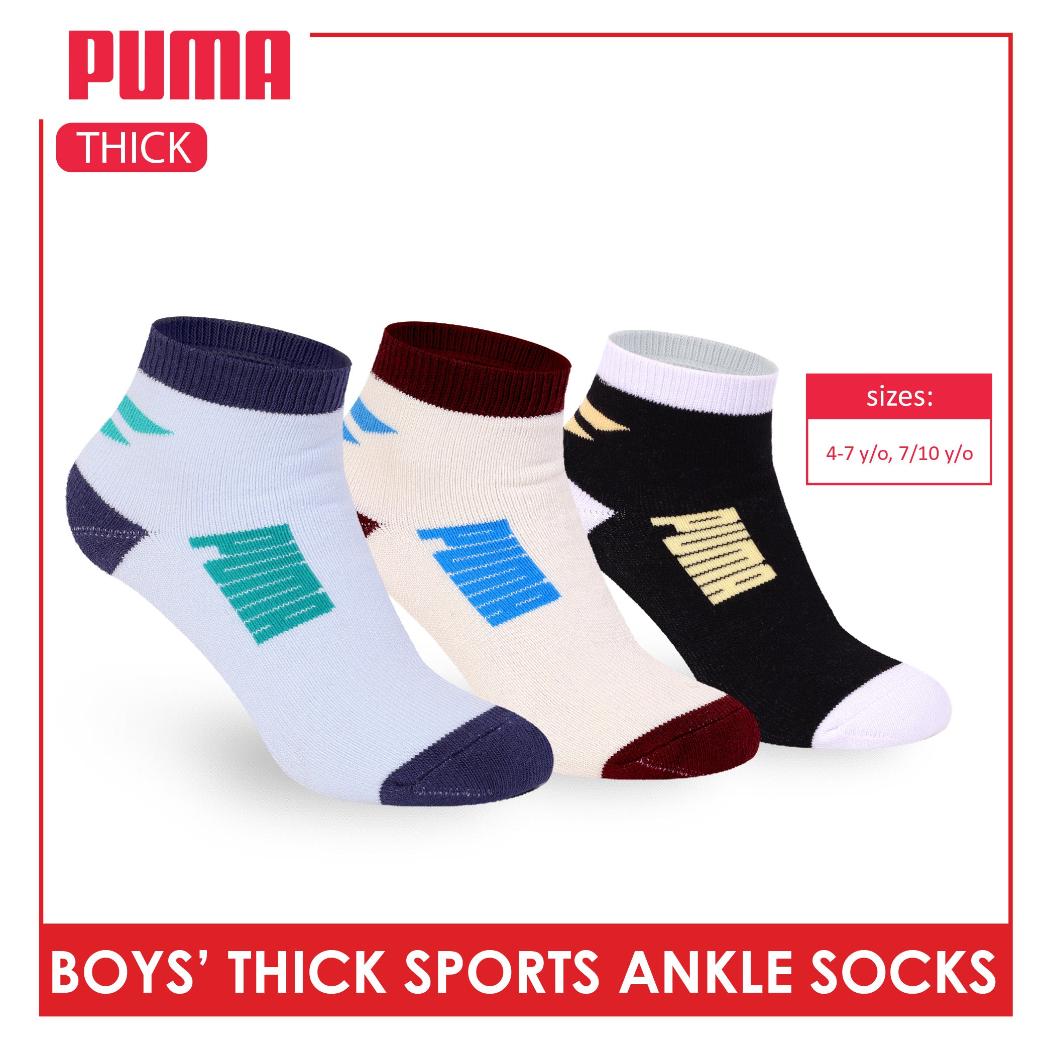 Puma Boys’ Cotton Thick Sports Ankle Socks 3 pairs in 1 pack PBSG611