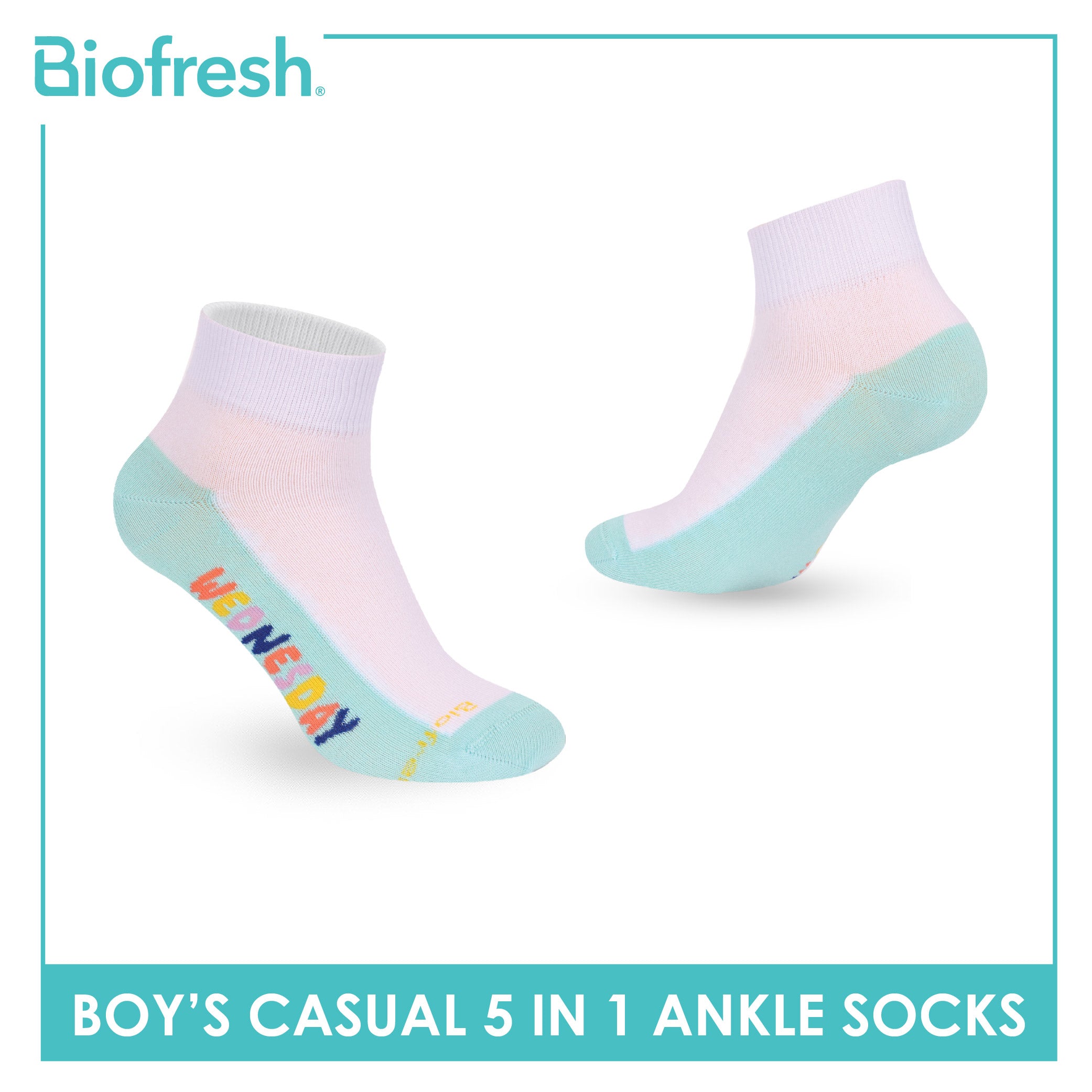 Biofresh Boys’ Antimicrobial Cotton Thin Casual Ankle Socks 5 pairs in 1 pack RBCKG2F