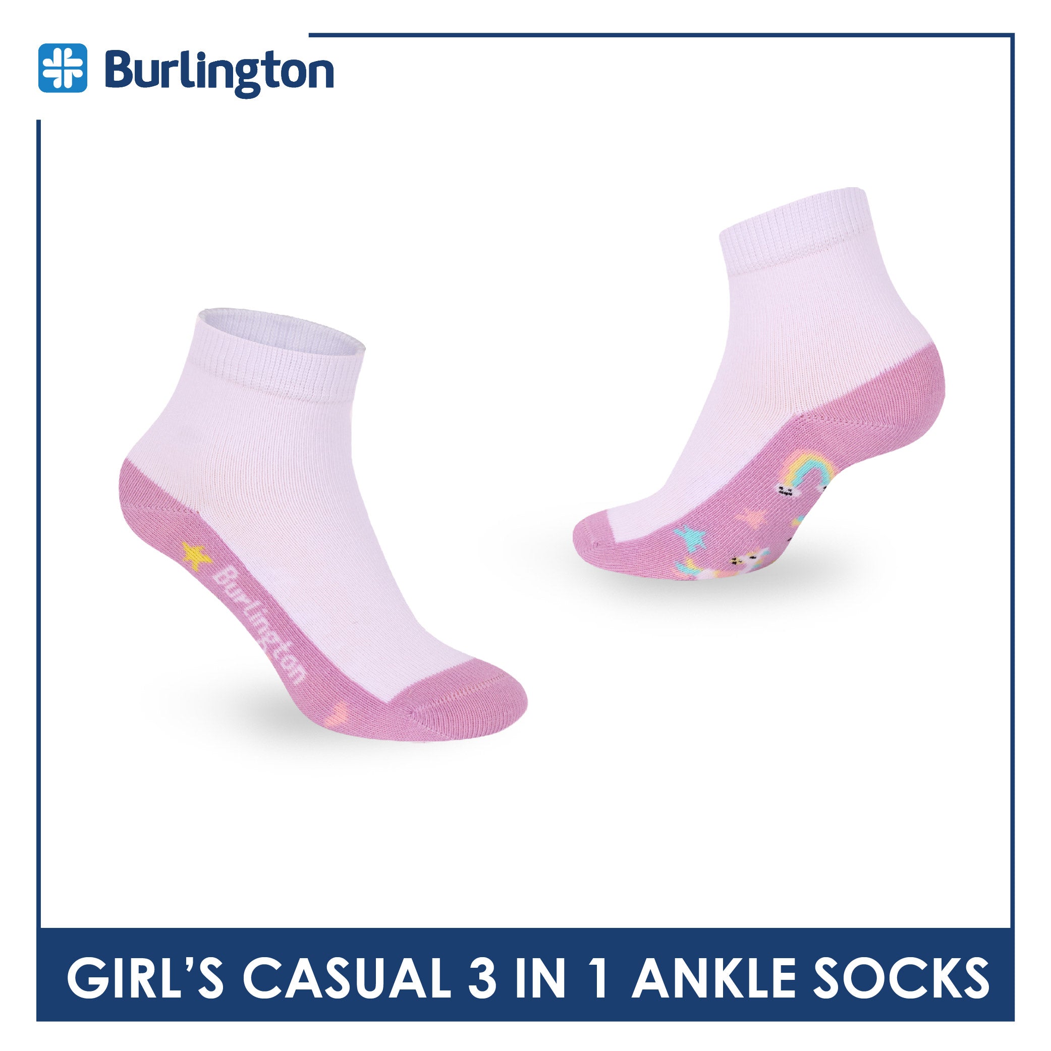 Burlington Girls’ Cotton Casual Ankle Socks 3 pairs in 1 pack BGCKG68