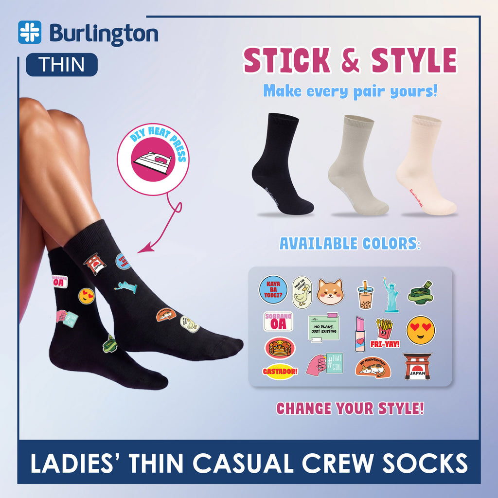 Burlington Ladies Cotton Stick & Style Thin Casual Crew Socks 1 pair BLCD631