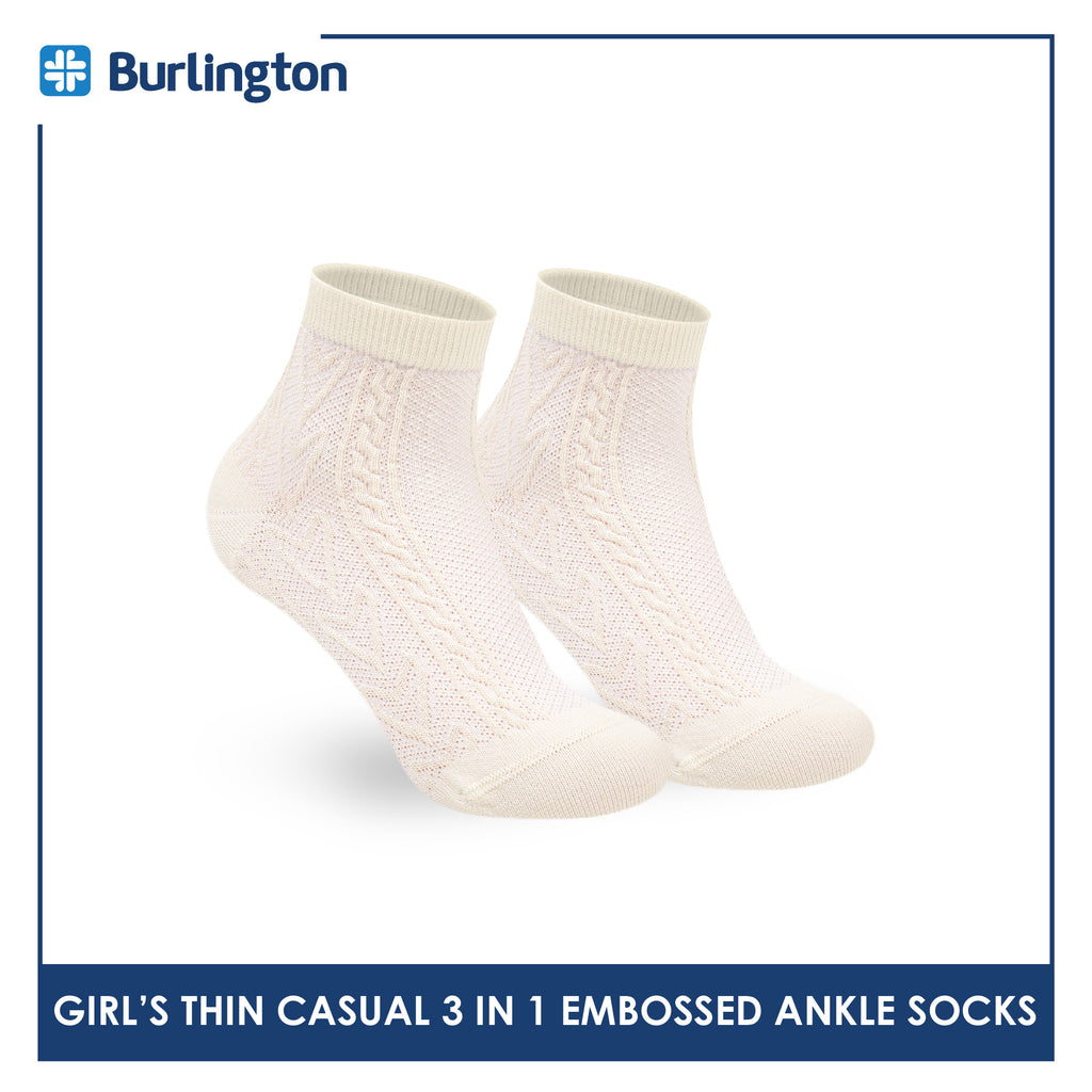 Burlington Girls’ Embossed Cotton Thin Casual Ankle Socks 3 pairs in 1 pack BGCMG611