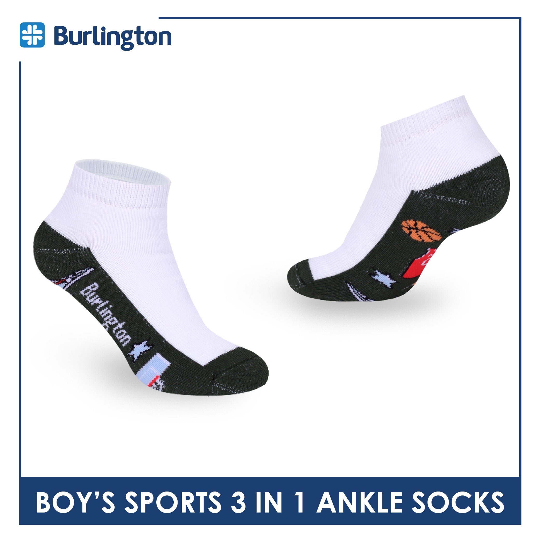 Burlington Boys’ Cotton Sports Ankle Socks 3 pairs in 1 pack BBSKG40