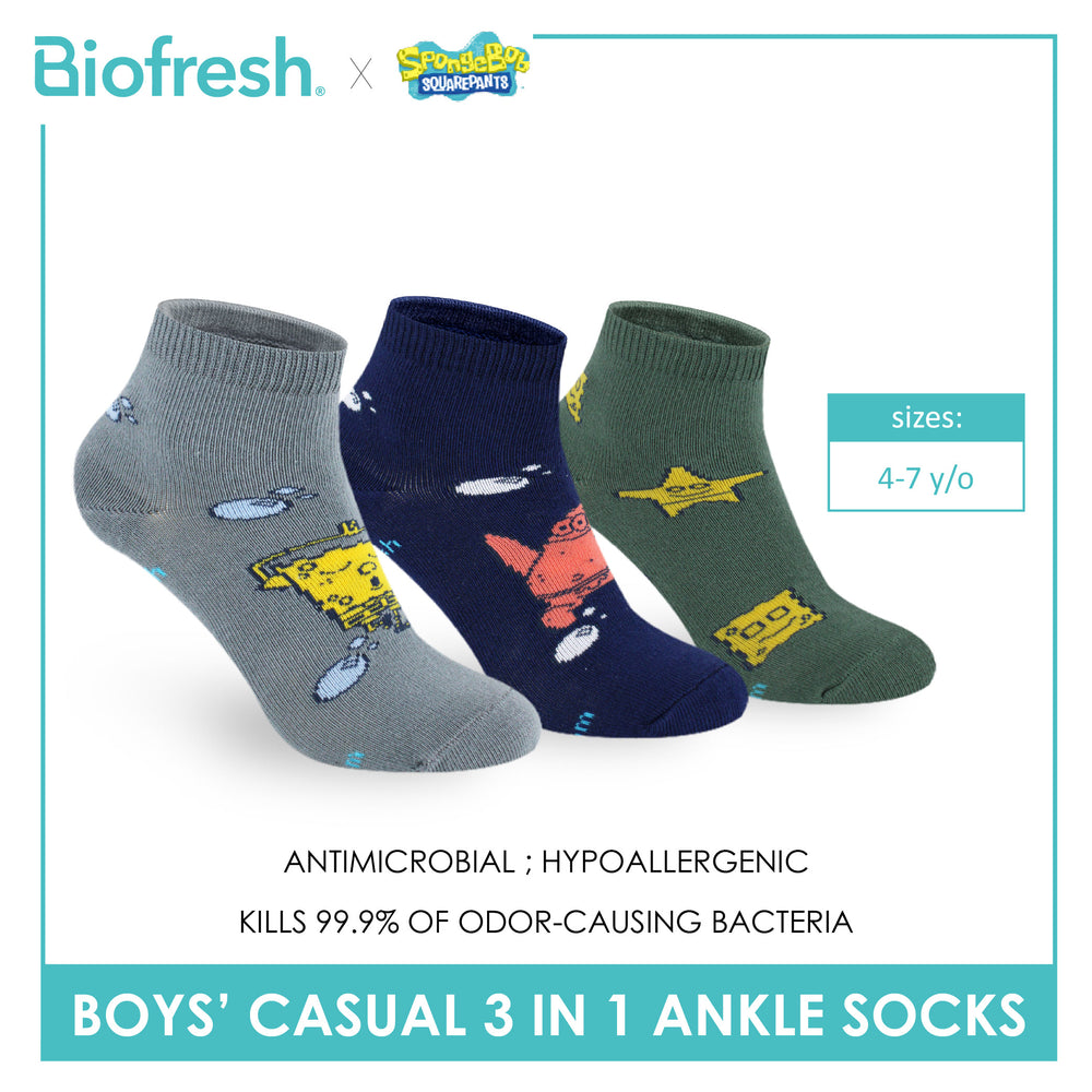 Biofresh | SpongeBob Boys' Antimicrobial Cotton Thin Casual Ankle Socks 3 pairs in 1 pack SBRBCG532