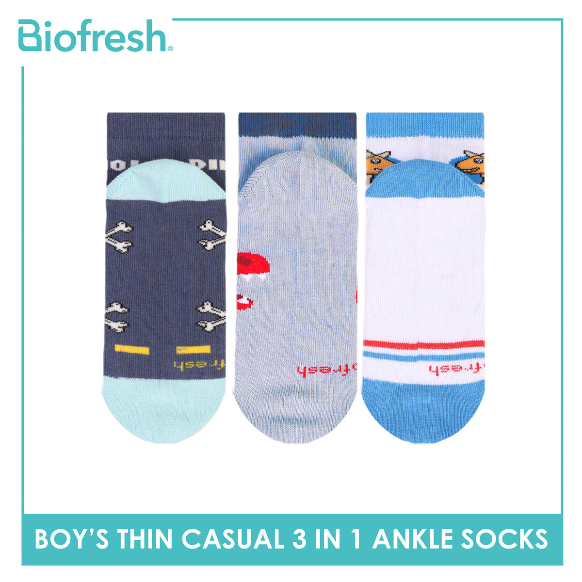 Biofresh Boys' Antimicrobial Cotton Thin Casual Ankle Socks 3 pairs in 1 pack RBCG614