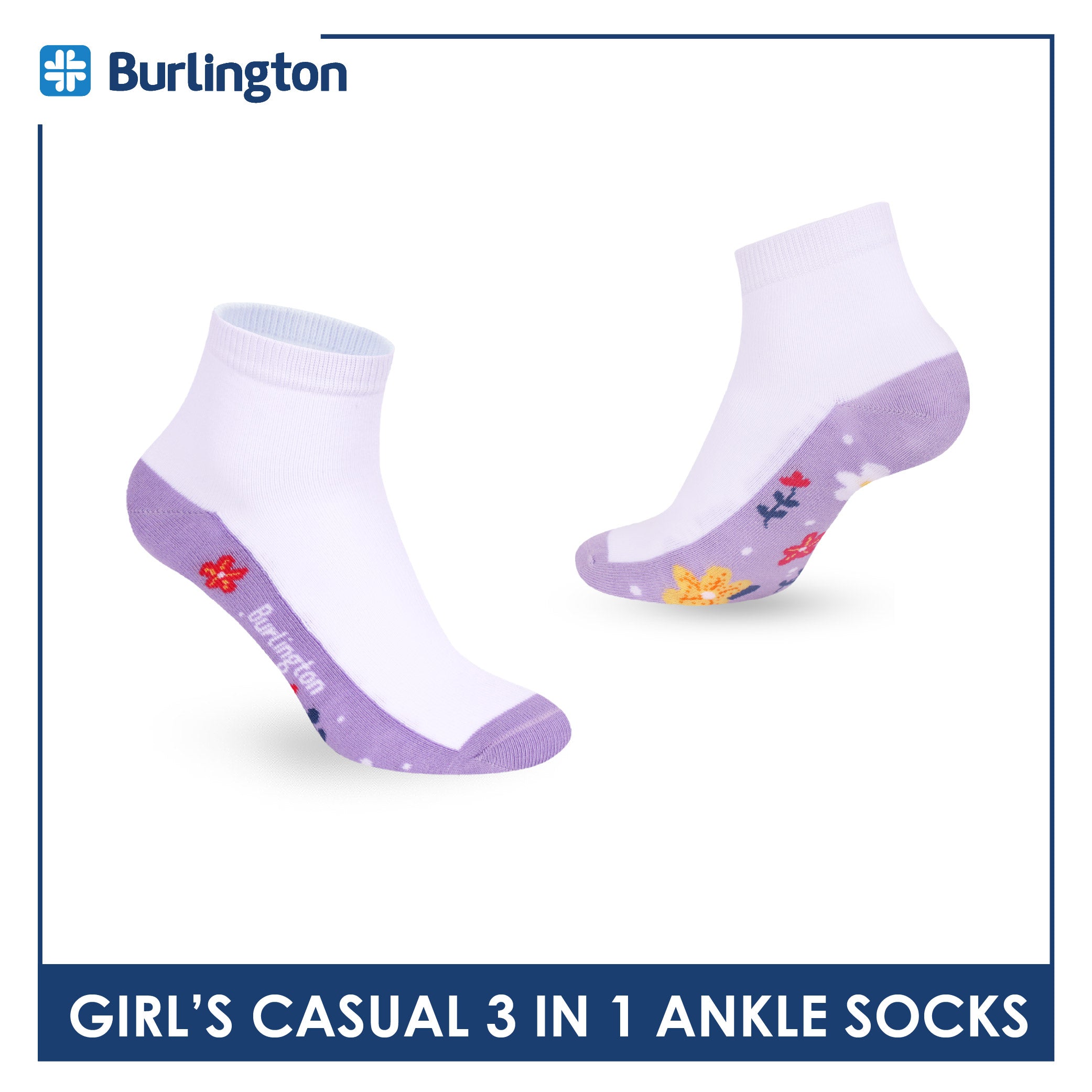 Burlington Girls’ Cotton Casual Ankle Socks 3 pairs in 1 pack BGCKG69