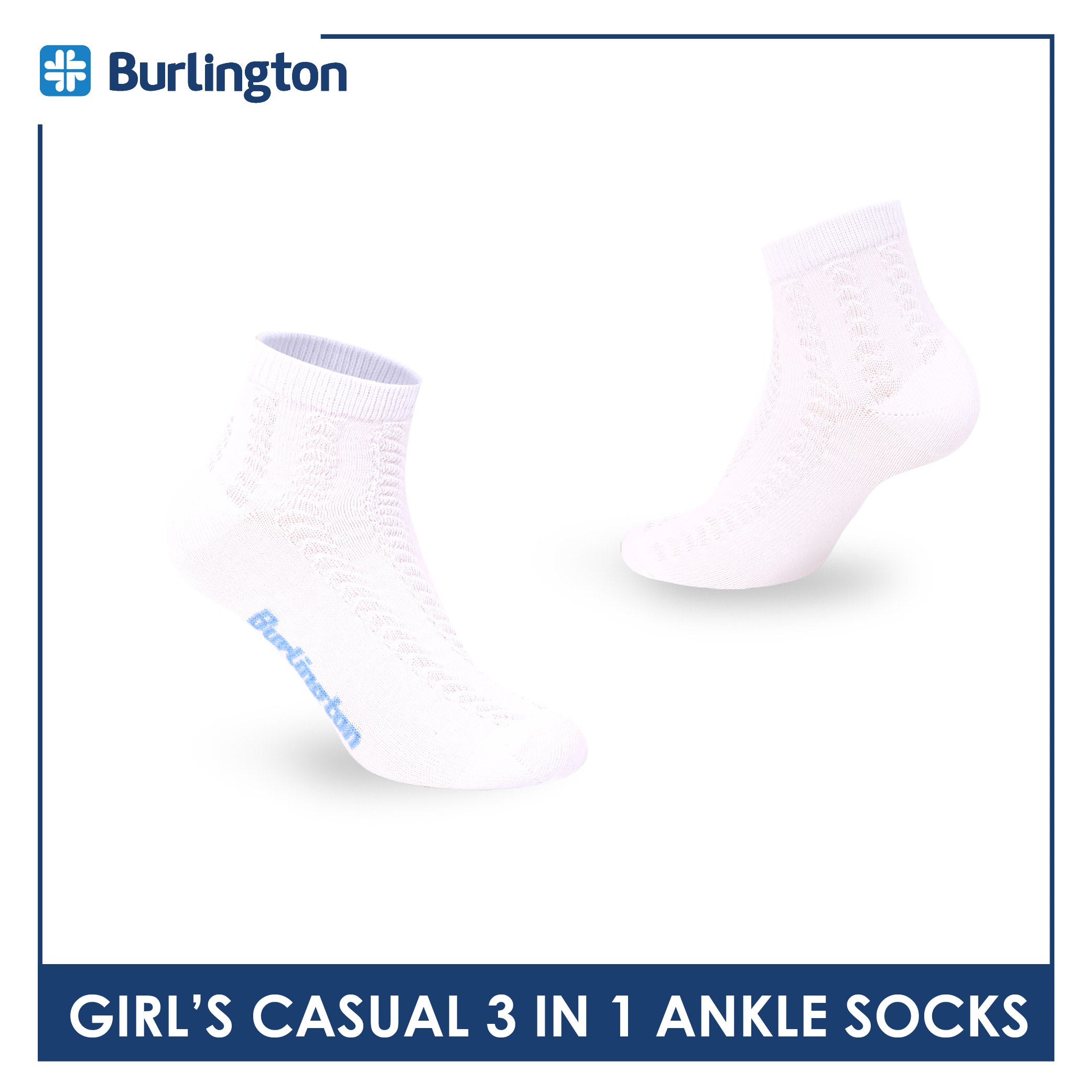 Burlington Girls’ Embossed Cotton Casual Ankle Socks 3 pairs in 1 pack BGCMG2