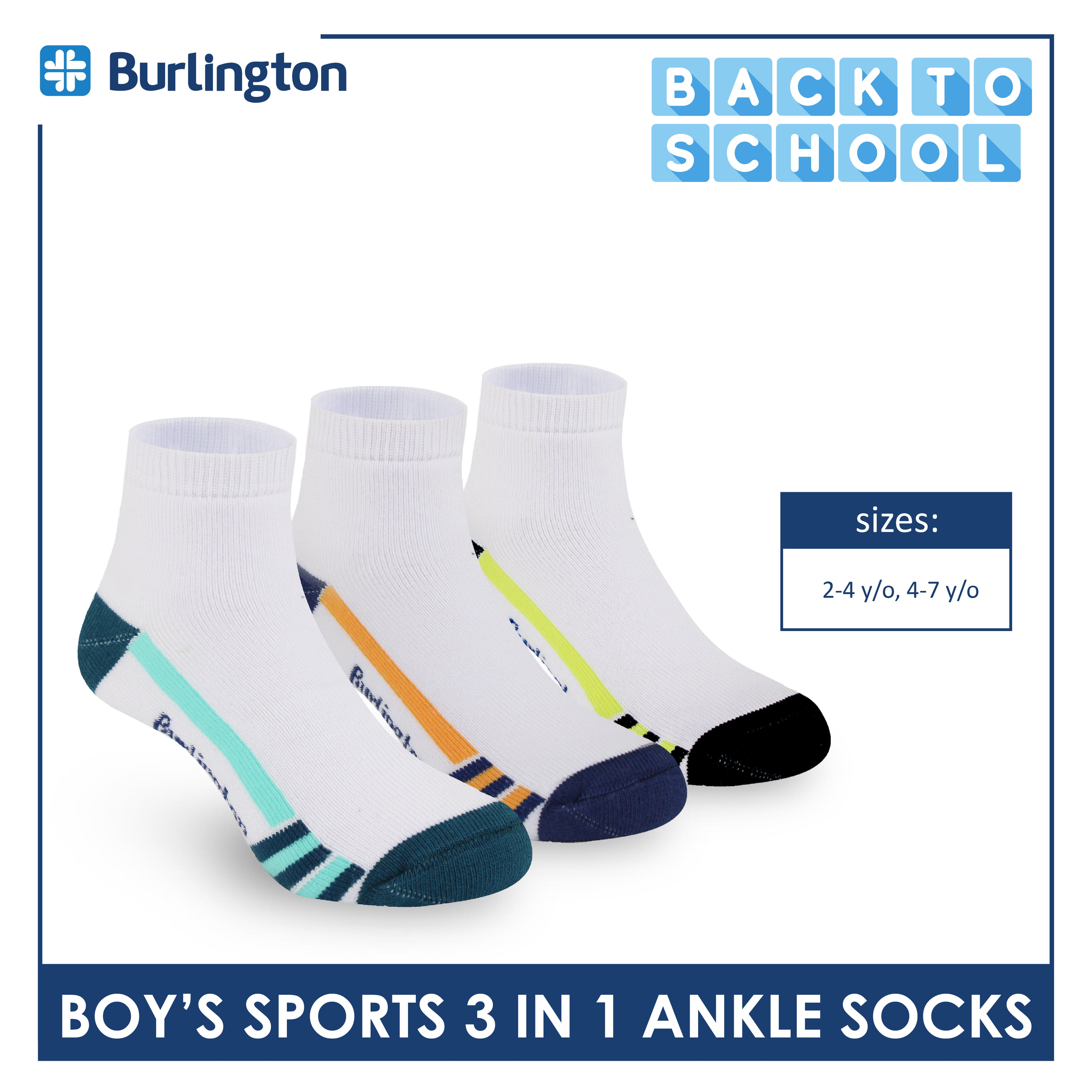 Burlington Boys’ Cotton Sports Ankle Socks 3 pairs in 1 pack BBSKG37