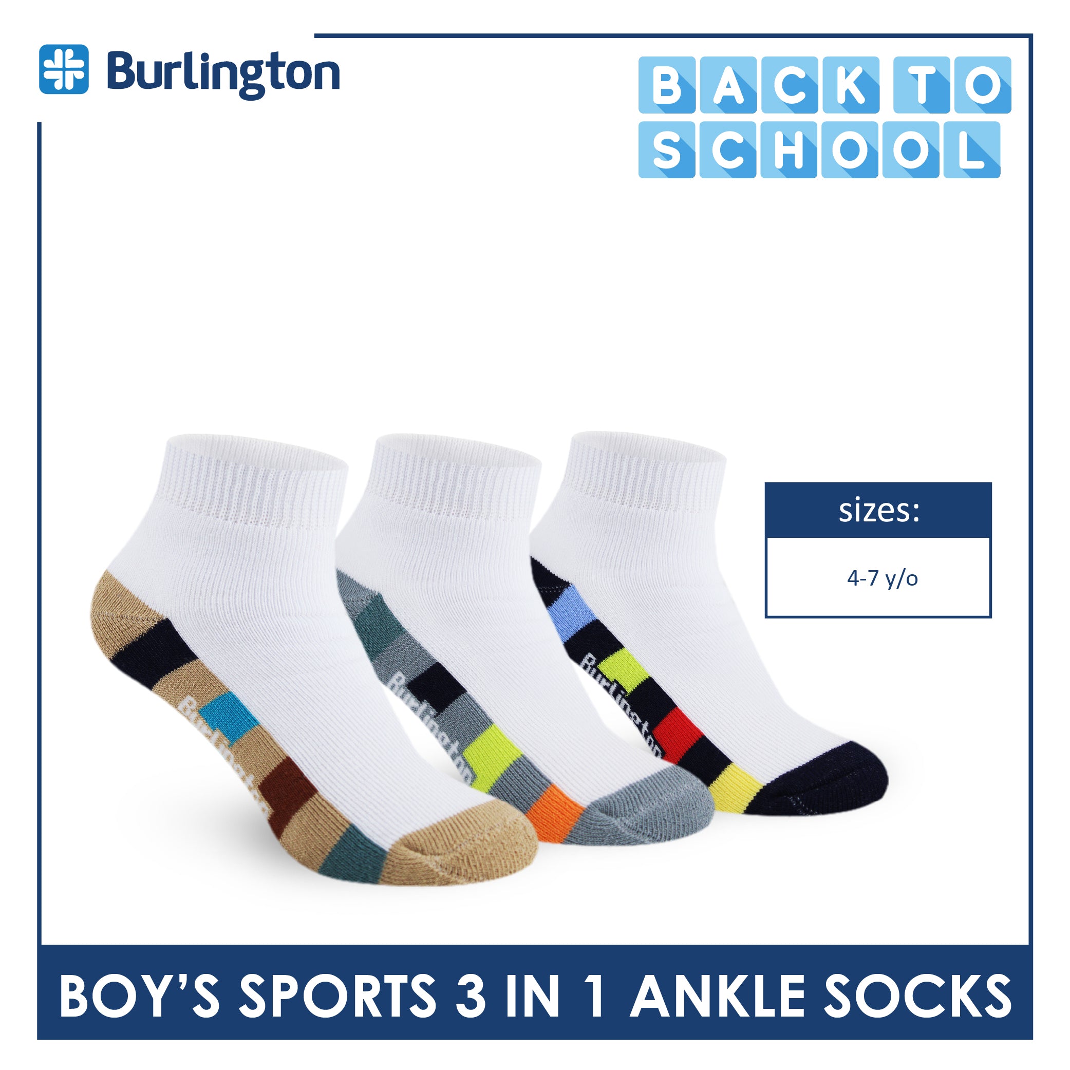 Burlington Boys’ Cotton Sports Ankle Socks 3 pairs in 1 pack BBSKG39