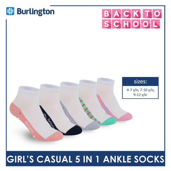 Burlington Girl's Cotton Lite Casual Ankle Socks 5 pairs in 1 pack BGCKG1F