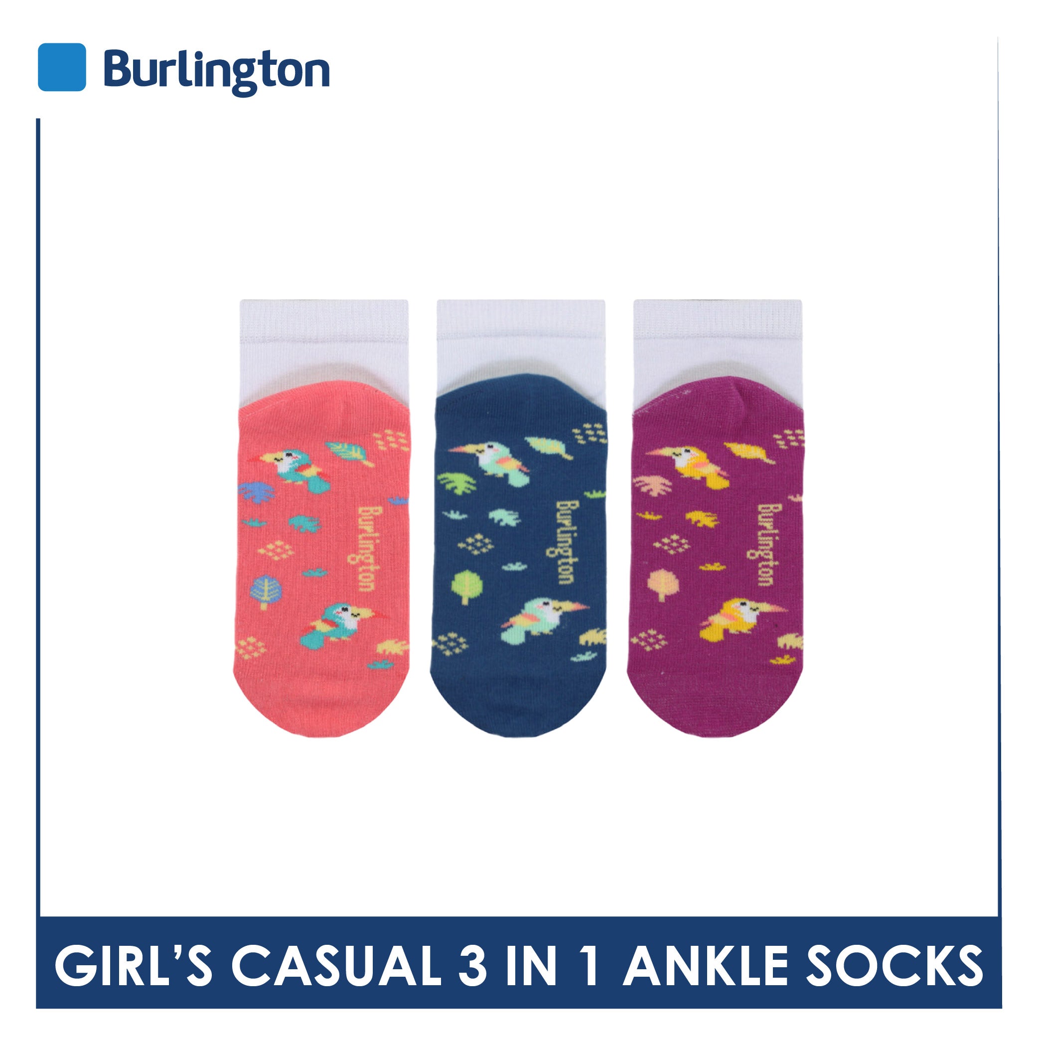 Burlington Girl's Cotton Thin Casual Ankle Socks 3 pairs in a pack BGCKG56