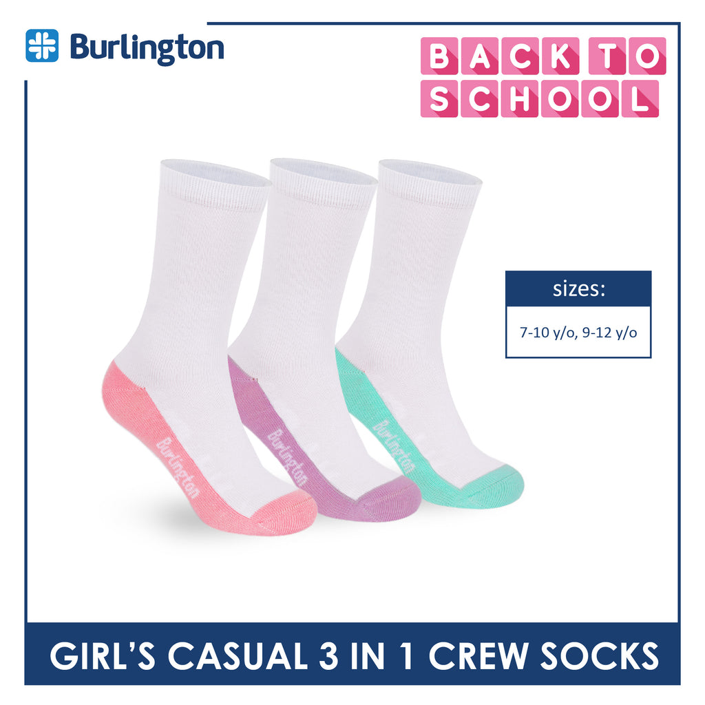 Burlington Girl's Cotton Lite Casual Crew Socks 3 pairs in 1 pack BGCKG60