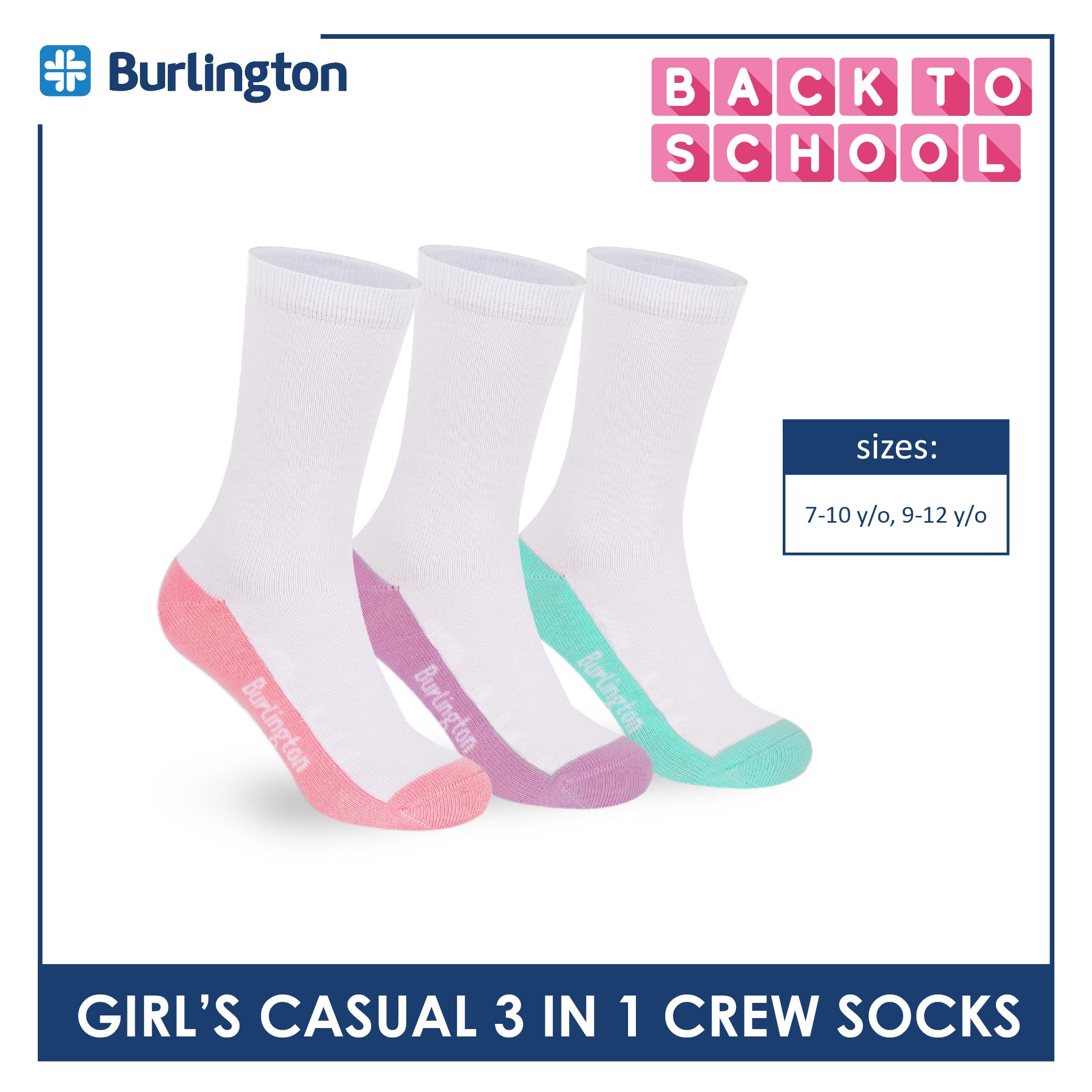 Burlington Girl's Cotton Lite Casual Crew Socks 3 pairs in 1 pack BGCKG60