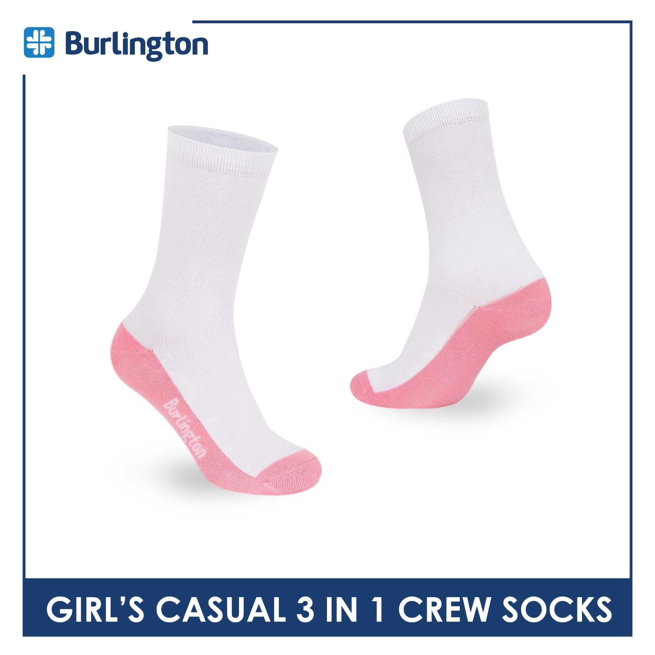 Burlington Girl's Cotton Lite Casual Crew Socks 3 pairs in 1 pack BGCKG60