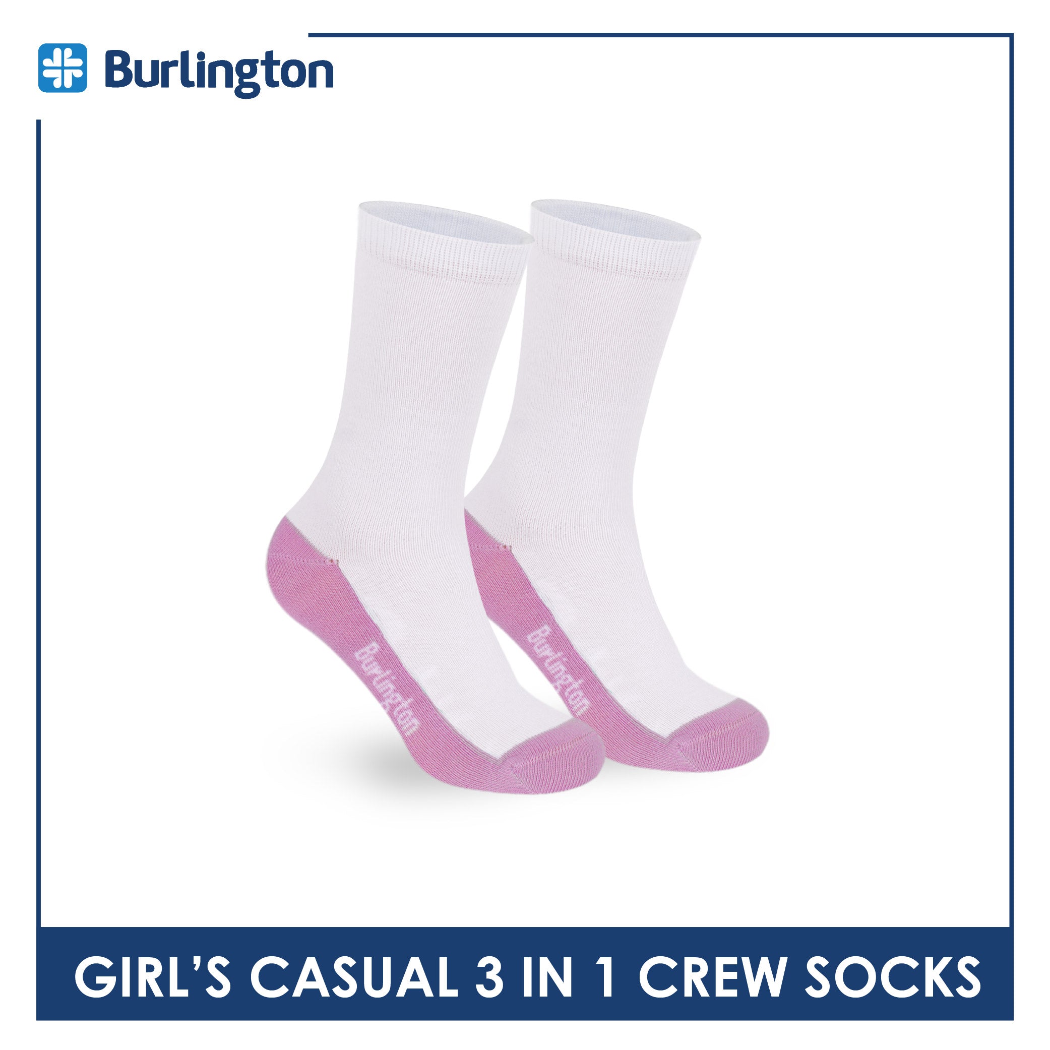 Burlington Girl's Cotton Lite Casual Crew Socks 3 pairs in 1 pack BGCKG60