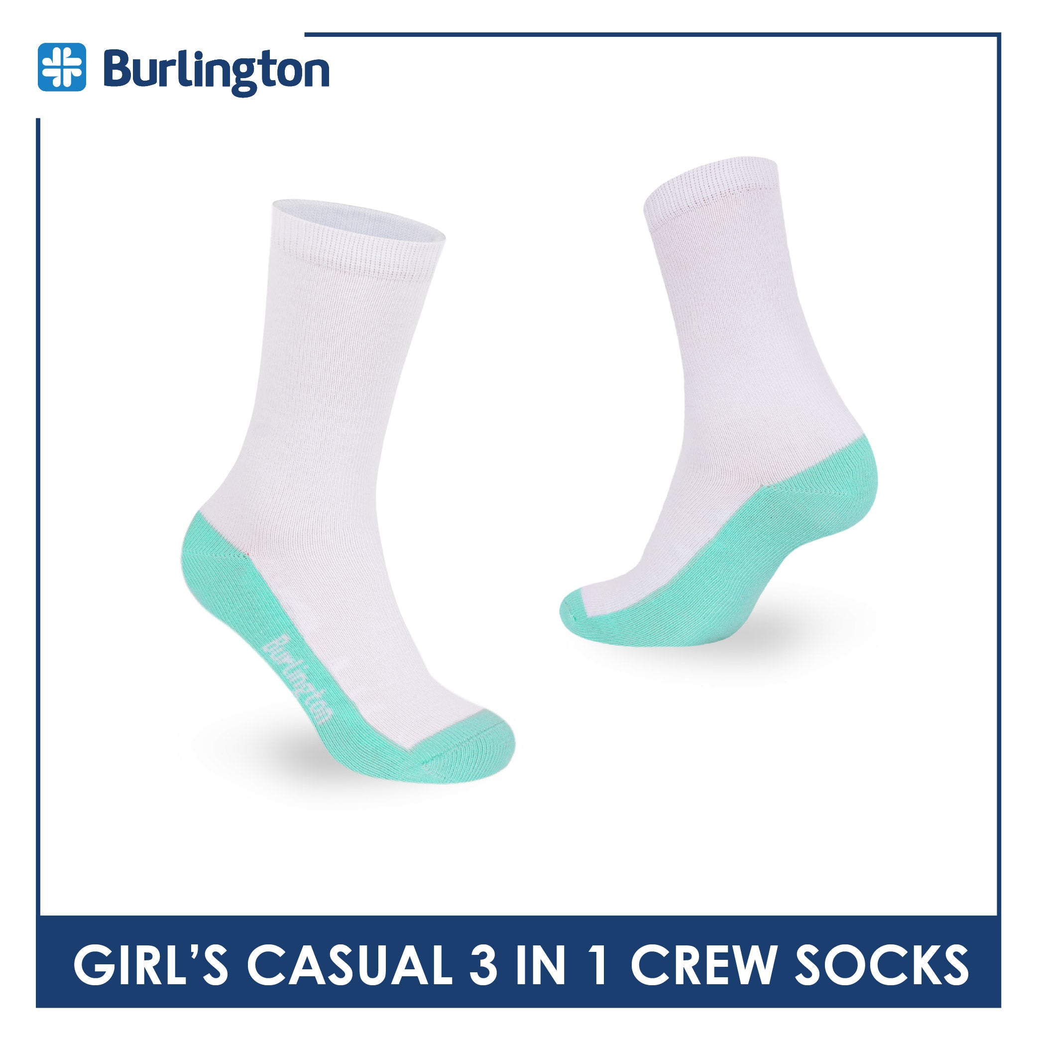 Burlington Girl's Cotton Lite Casual Crew Socks 3 pairs in 1 pack BGCKG60