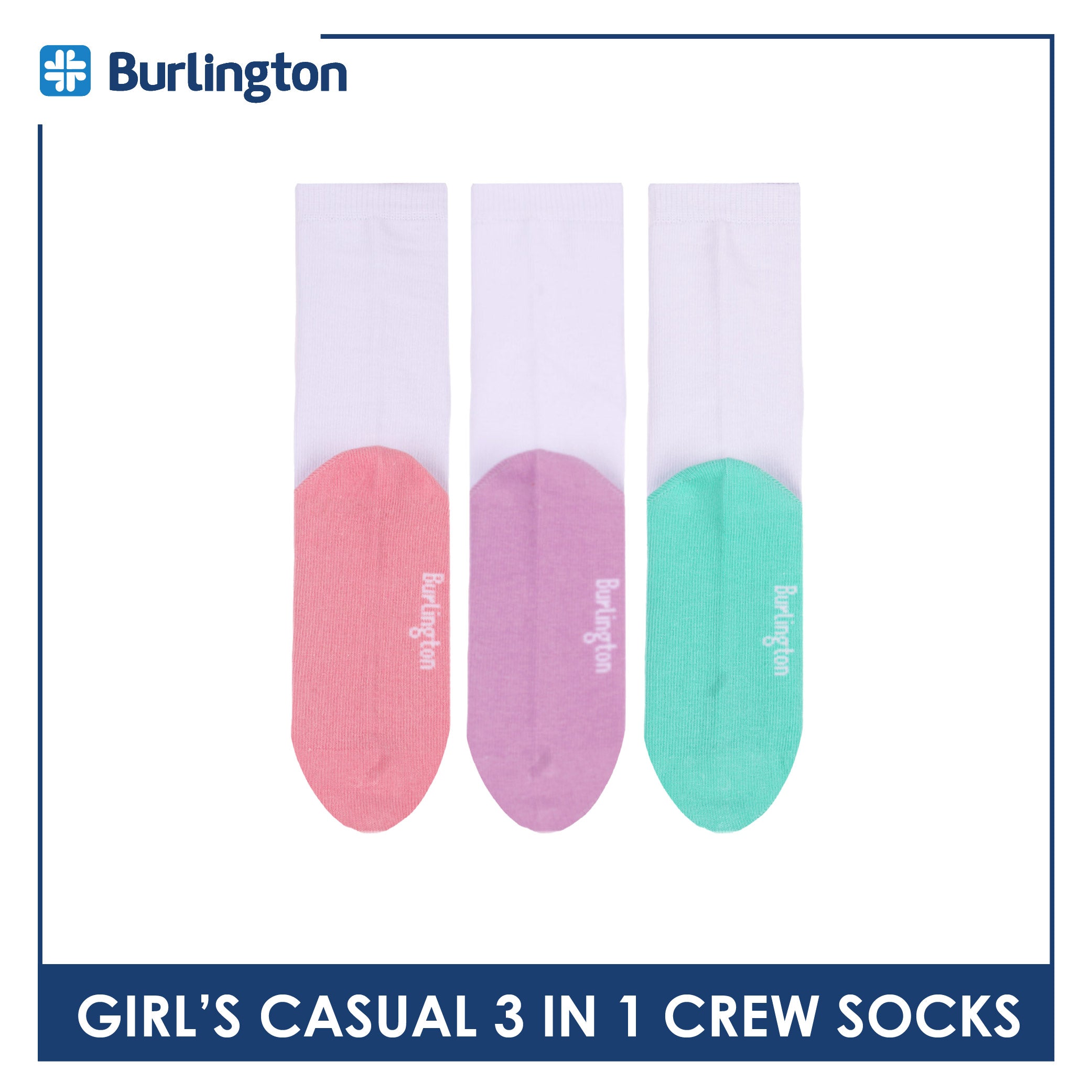 Burlington Girl's Cotton Lite Casual Crew Socks 3 pairs in 1 pack BGCKG60