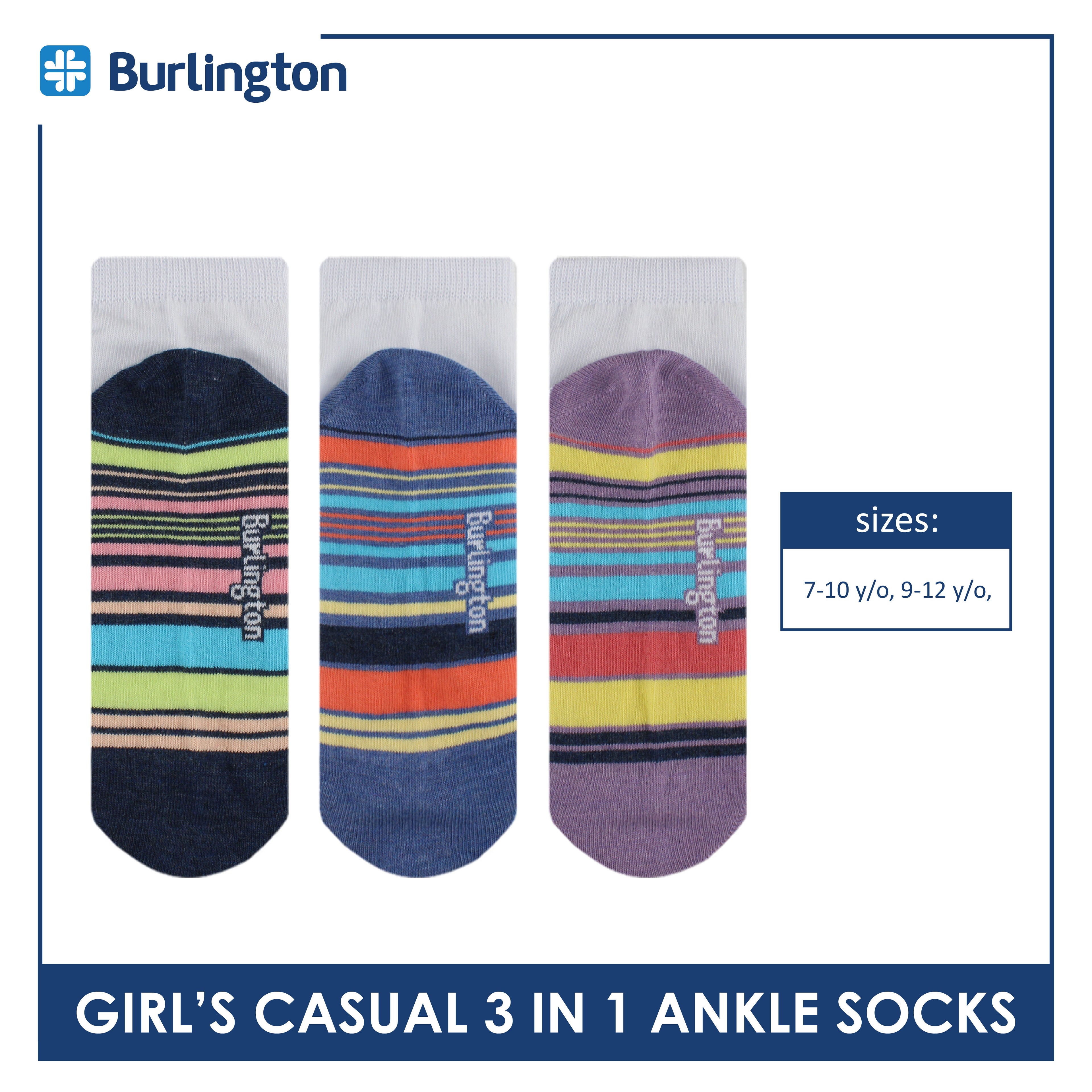 Burlington Girl's Cotton Thin Casual Ankle Socks 3 pairs in a pack BGCKG63