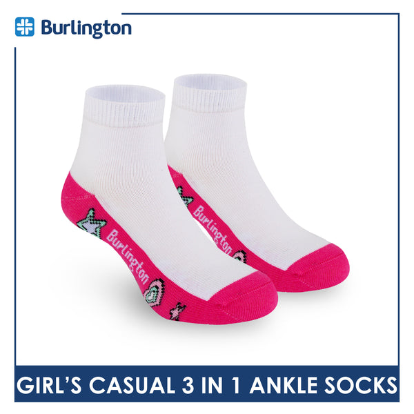 Burlington Girl's Cotton Lite Casual Ankle Socks 3 pairs in 1 pack BGCKG64