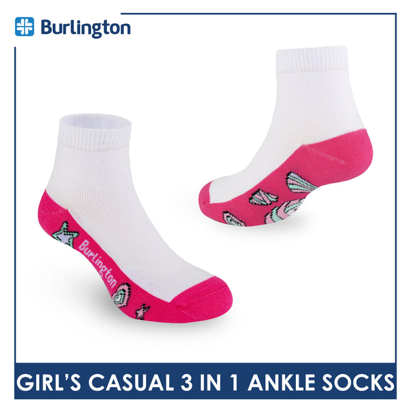 Burlington Girl's Cotton Lite Casual Ankle Socks 3 pairs in 1 pack BGCKG64