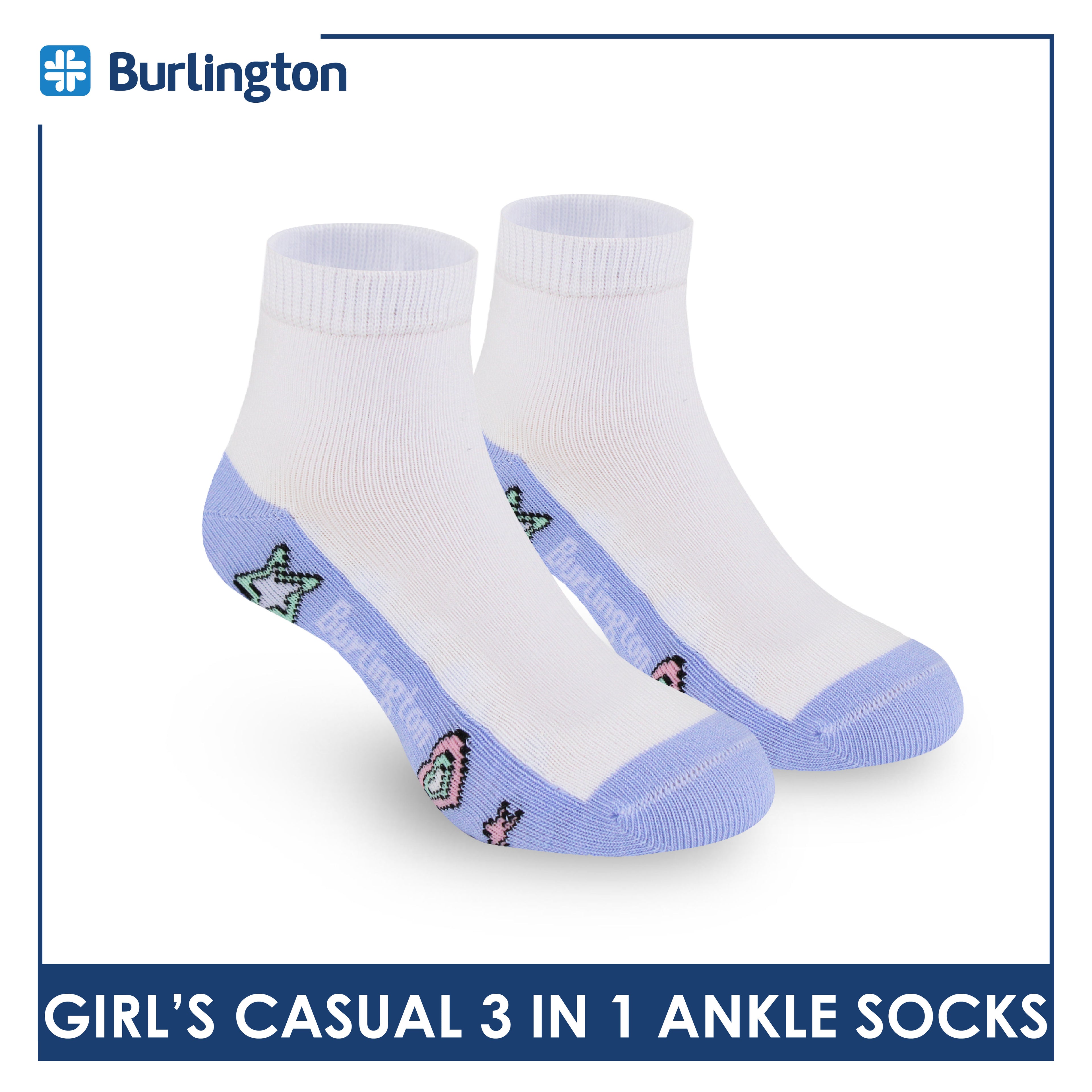Burlington Girl's Cotton Lite Casual Ankle Socks 3 pairs in 1 pack BGCKG64