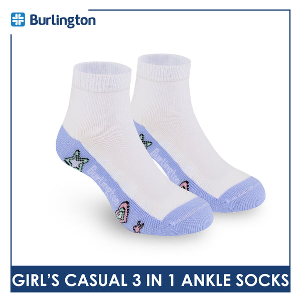 Burlington Girl's Cotton Lite Casual Ankle Socks 3 pairs in 1 pack BGCKG64