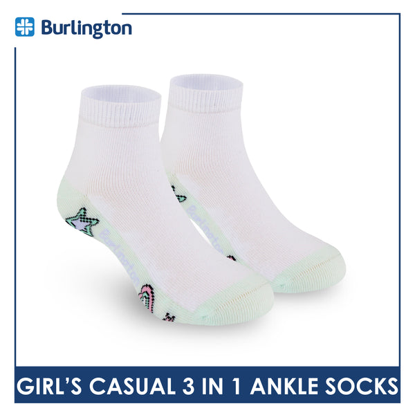 Burlington Girl's Cotton Lite Casual Ankle Socks 3 pairs in 1 pack BGCKG64