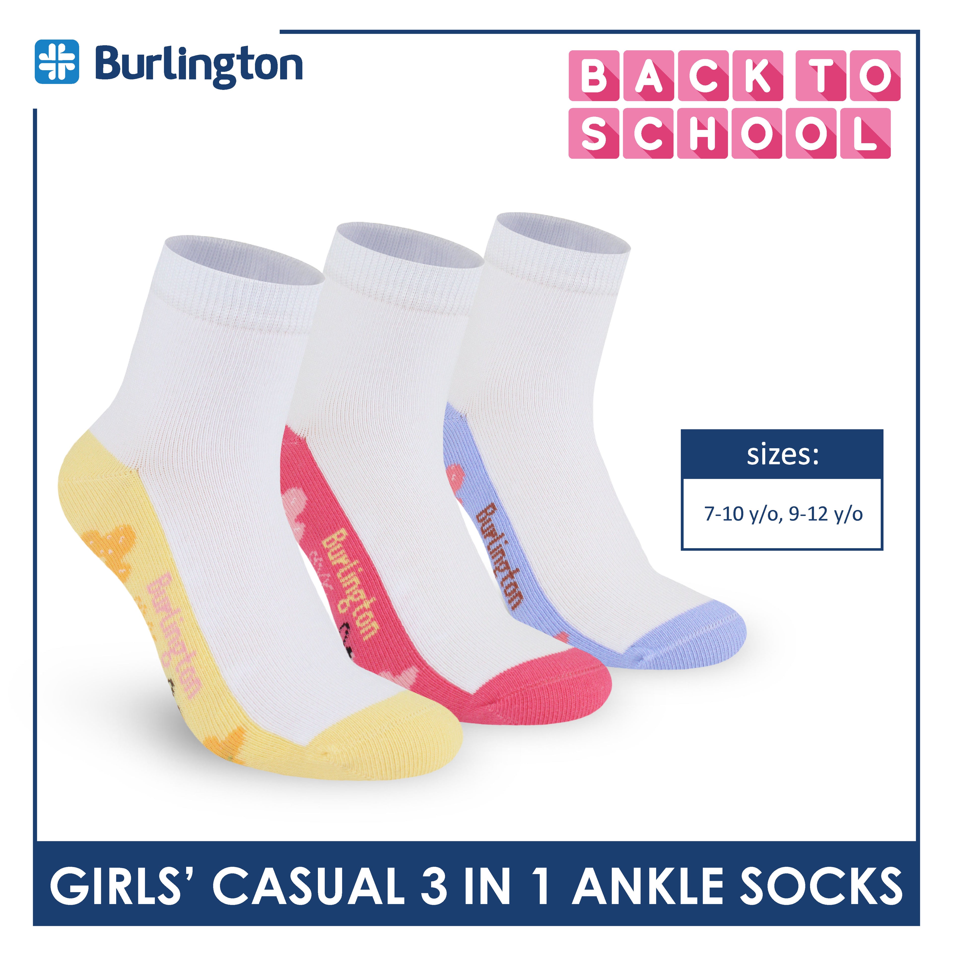Burlington Girl's Cotton Lite Casual Ankle Socks 3 pairs in 1 pack BGCKG65