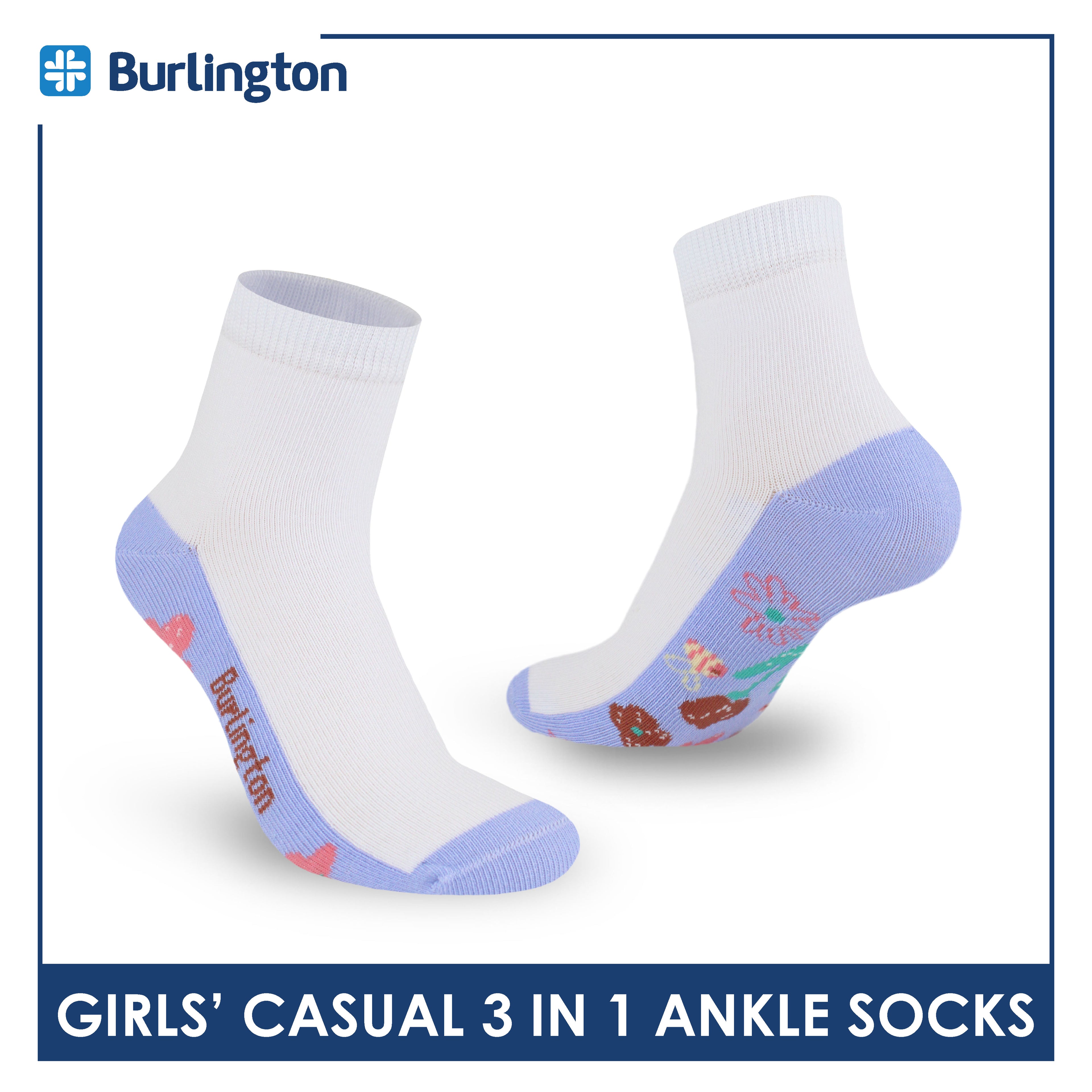 Burlington Girl's Cotton Lite Casual Ankle Socks 3 pairs in 1 pack BGCKG65