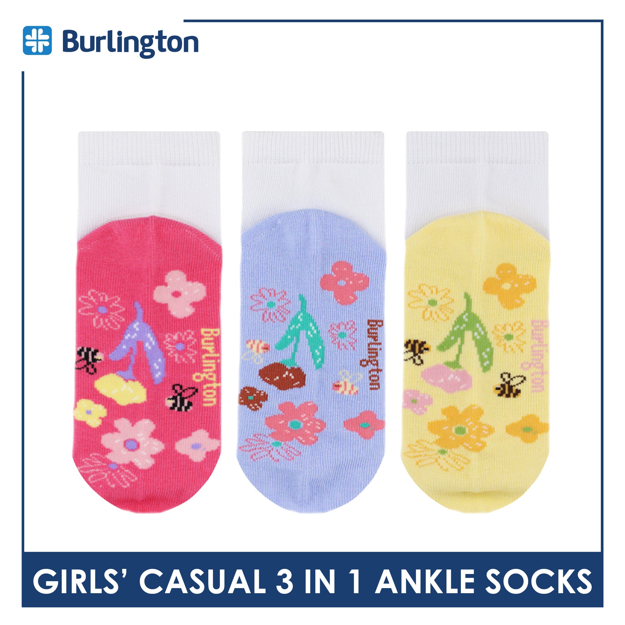 Burlington Girl's Cotton Lite Casual Ankle Socks 3 pairs in 1 pack BGCKG65
