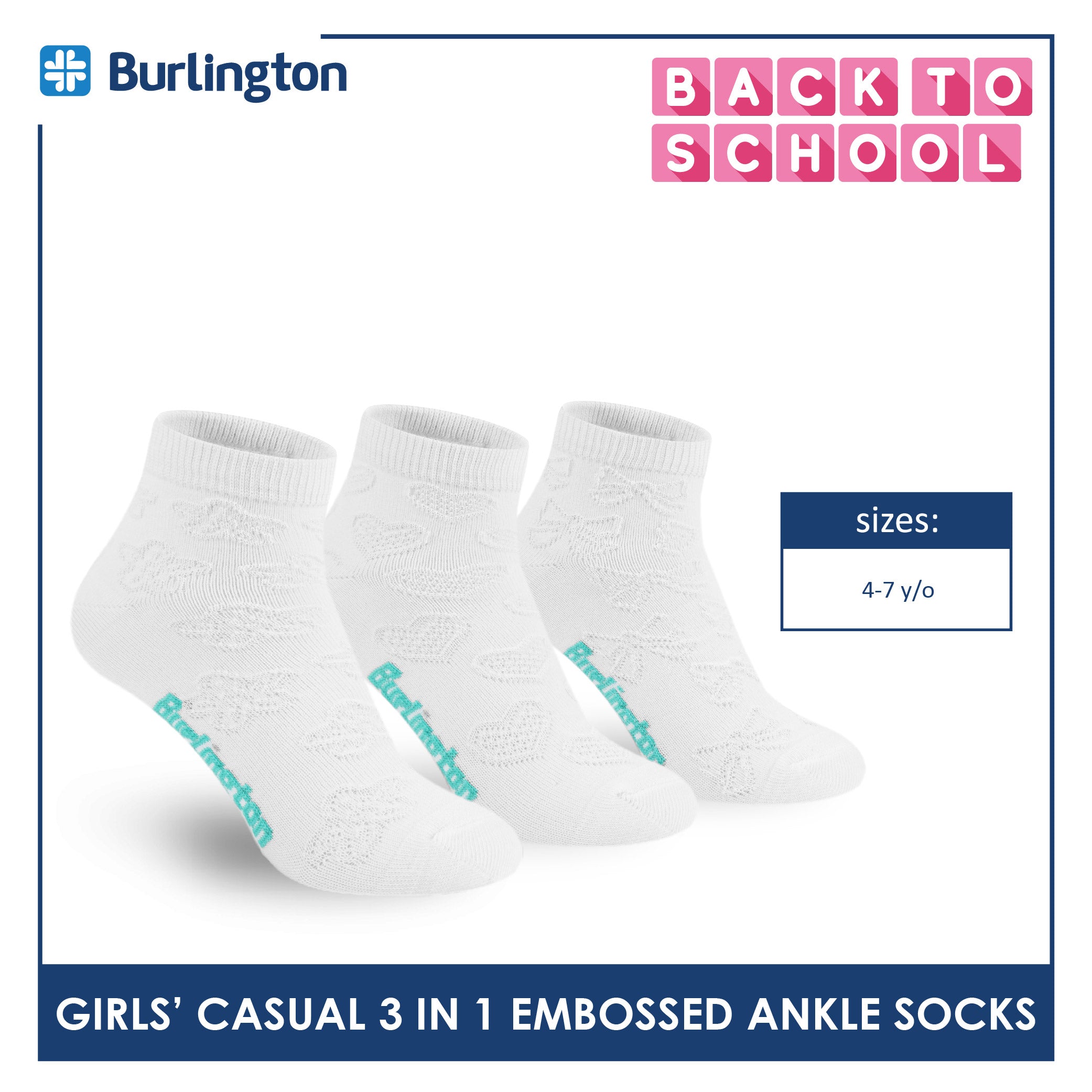 Burlington Children's Embossed Cotton Lite Casual Ankle Socks 3 pairs in 1 pack BGCMG1