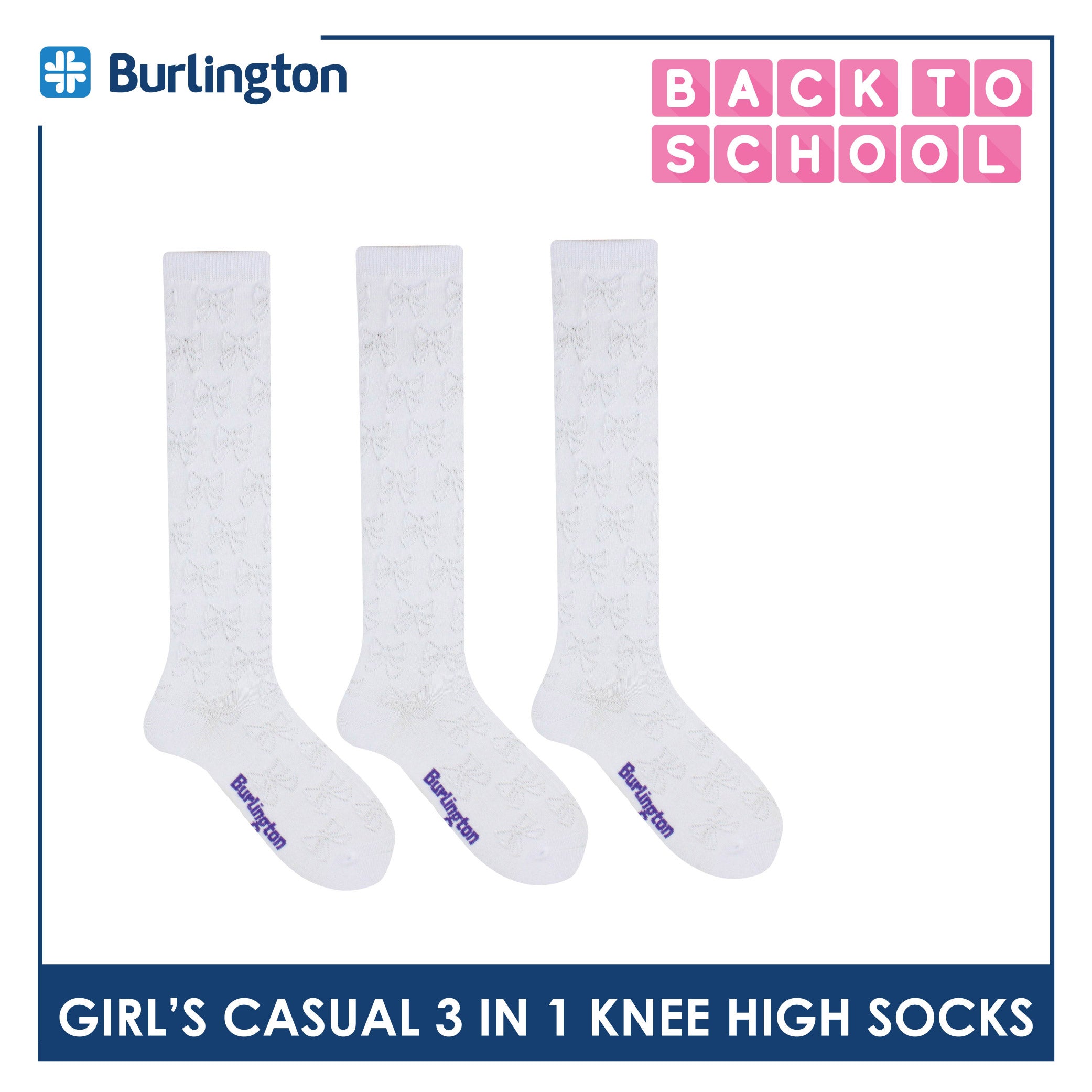 Burlington Girl's Embossed Cotton Thin Casual Knee High Socks 3 pairs in a pack BGKHMG1