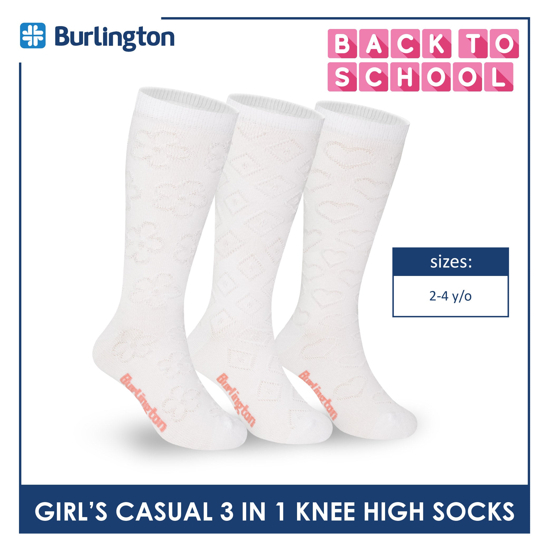 Burlington Girl's Embossed Cotton Thin Casual Knee High Socks 3 pairs in a pack BGKHMG1