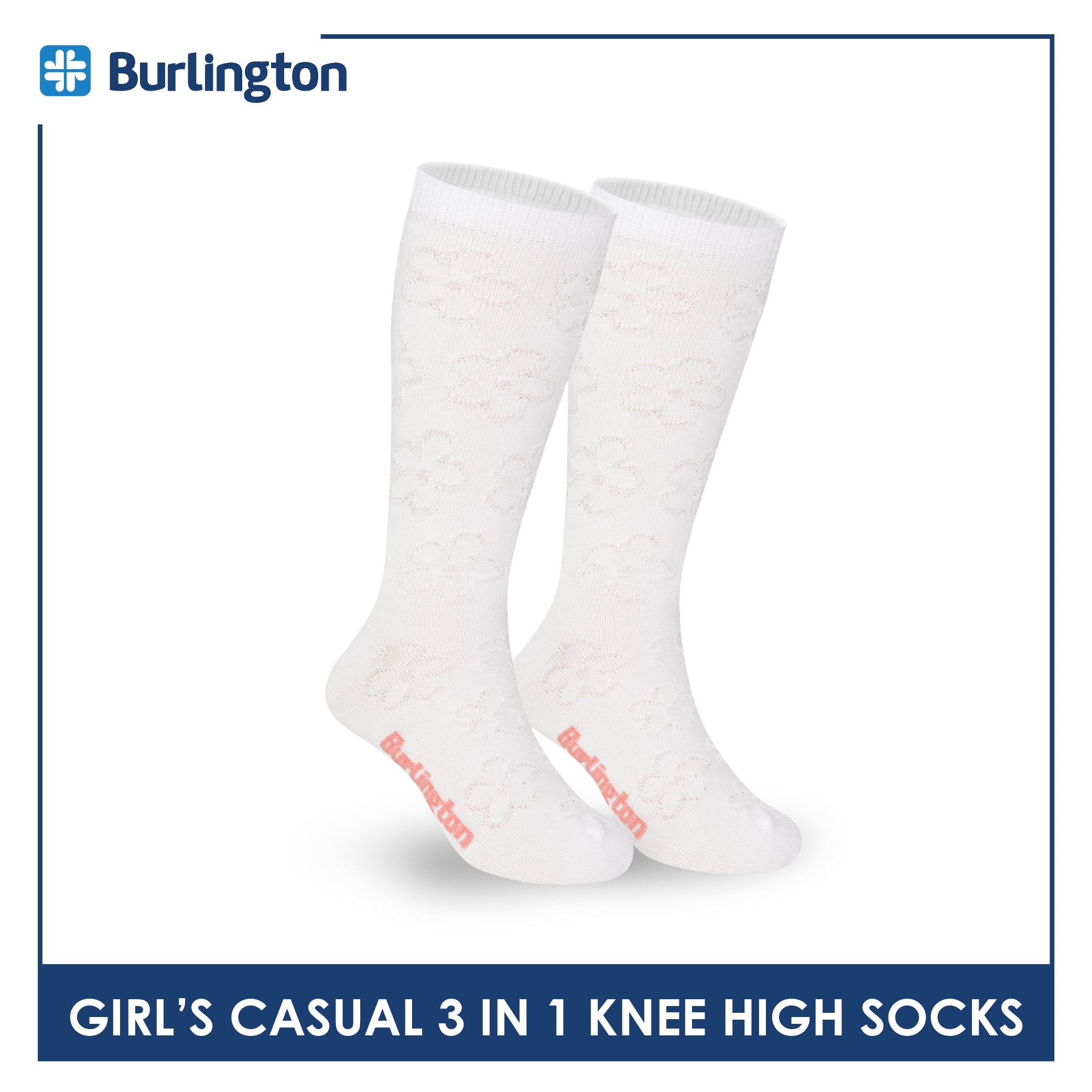 Burlington Girl's Embossed Cotton Thin Casual Knee High Socks 3 pairs in a pack BGKHMG1