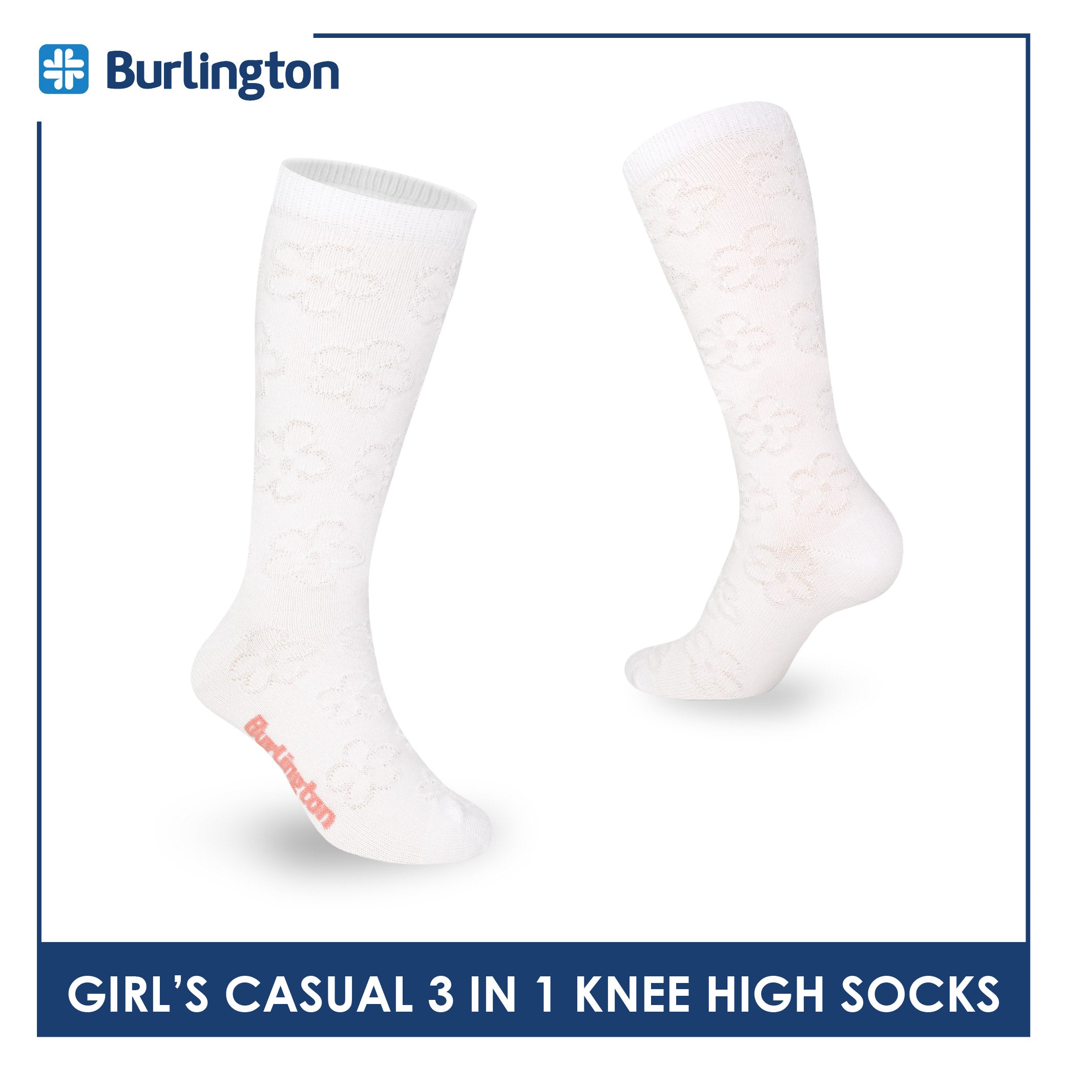Burlington Girl's Embossed Cotton Thin Casual Knee High Socks 3 pairs in a pack BGKHMG1