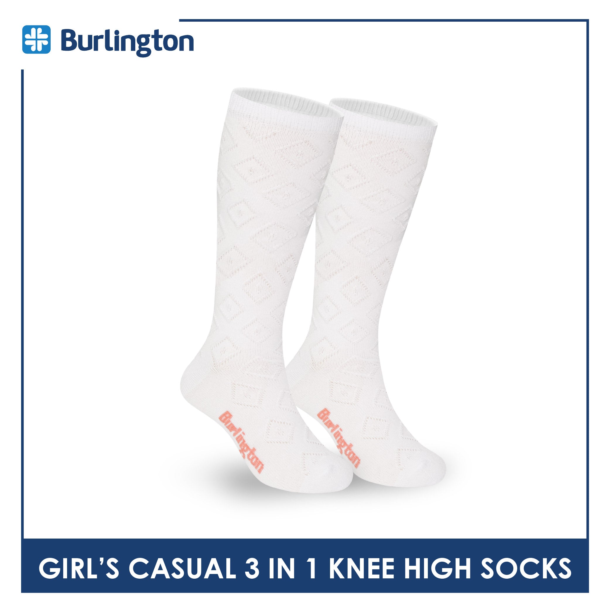 Burlington Girl's Embossed Cotton Thin Casual Knee High Socks 3 pairs in a pack BGKHMG1