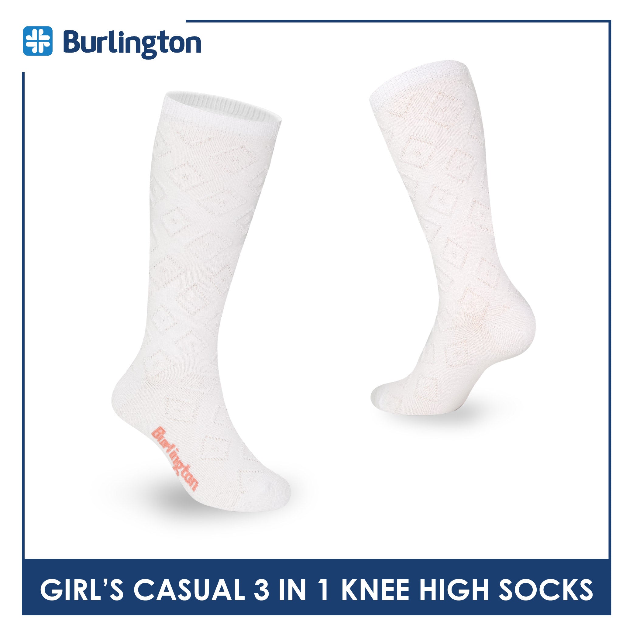 Burlington Girl's Embossed Cotton Thin Casual Knee High Socks 3 pairs in a pack BGKHMG1